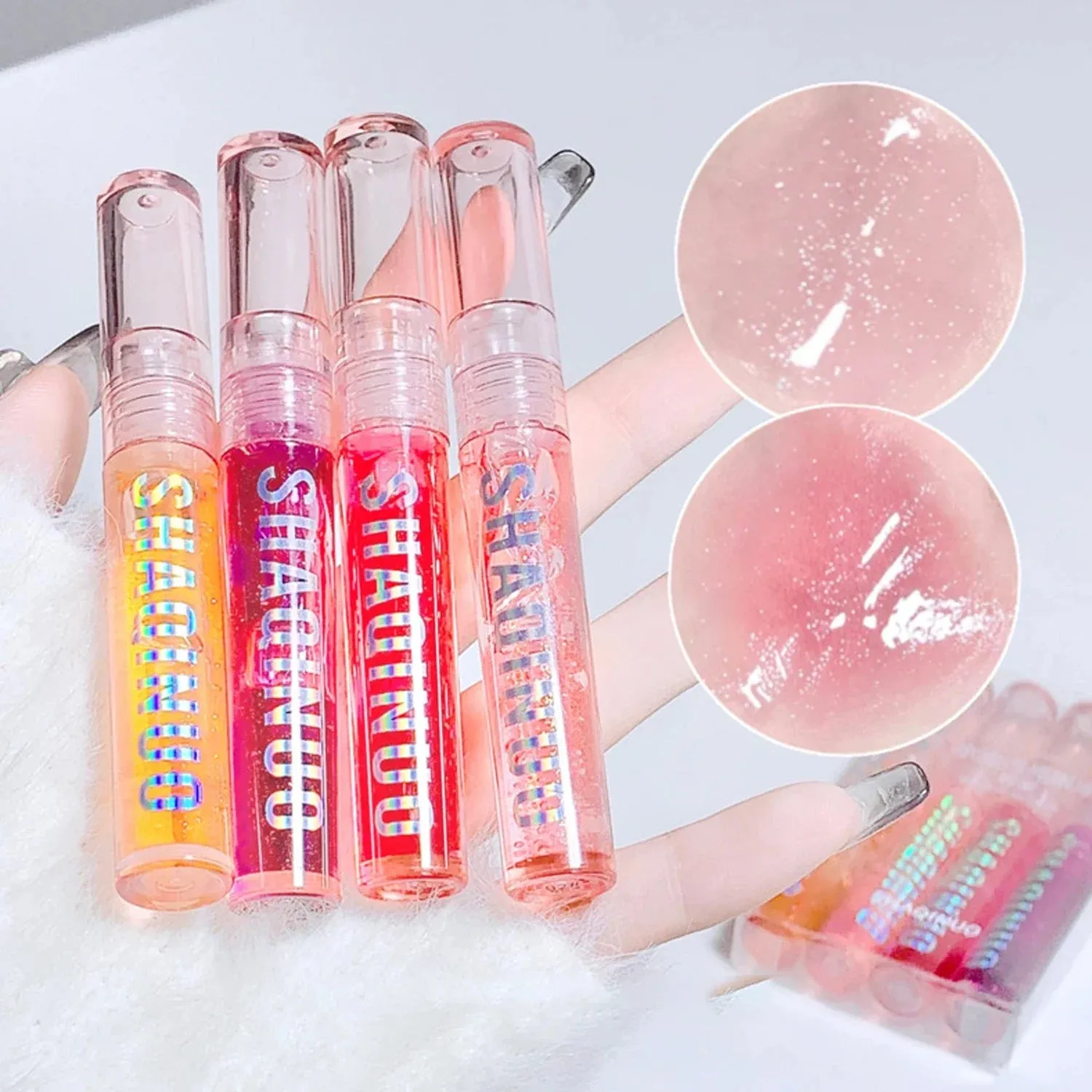 4Pcs/set Transparent Jelly Lip Gloss Water Light Moisturizing Glass Lip Oil Not Easy to Stick Cup Brightening Lipstick Set Box