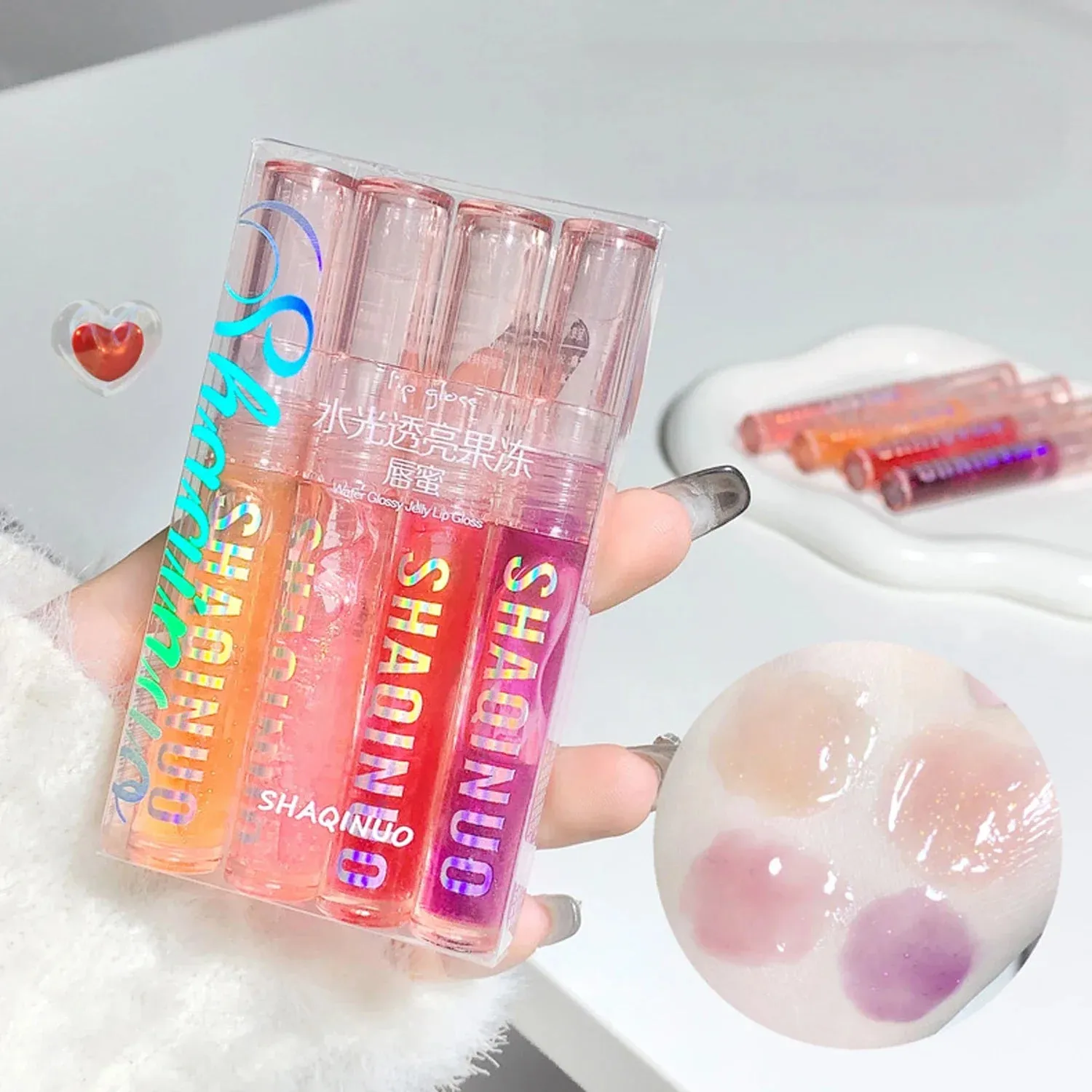 4Pcs/set Transparent Jelly Lip Gloss Water Light Moisturizing Glass Lip Oil Not Easy to Stick Cup Brightening Lipstick Set Box