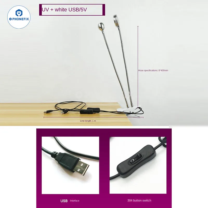 5V USB LED Curing Light Shadowless UV Glue Curing Dual Tube Lamp
