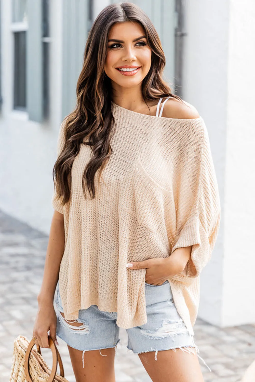 Apricot Loose Fit Split Pocket Half Sleeve Knitted Top