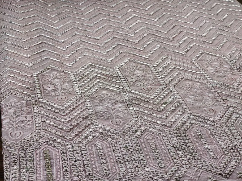 Baby Pink Geometric Mirror Work Embroidered Chanderi Fabric