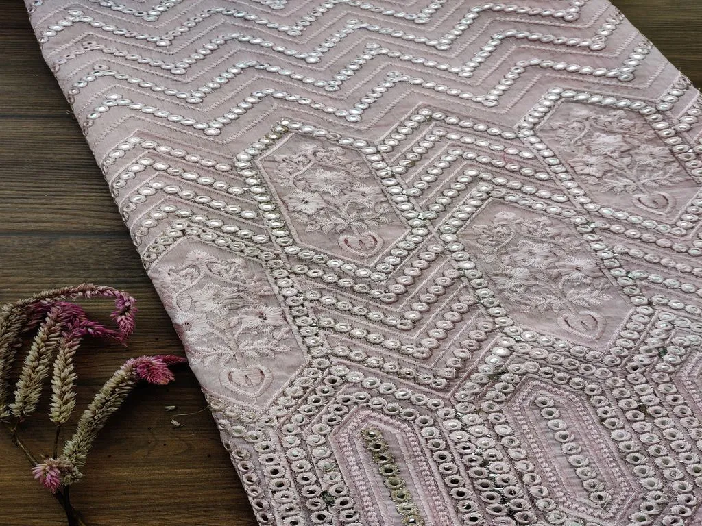 Baby Pink Geometric Mirror Work Embroidered Chanderi Fabric