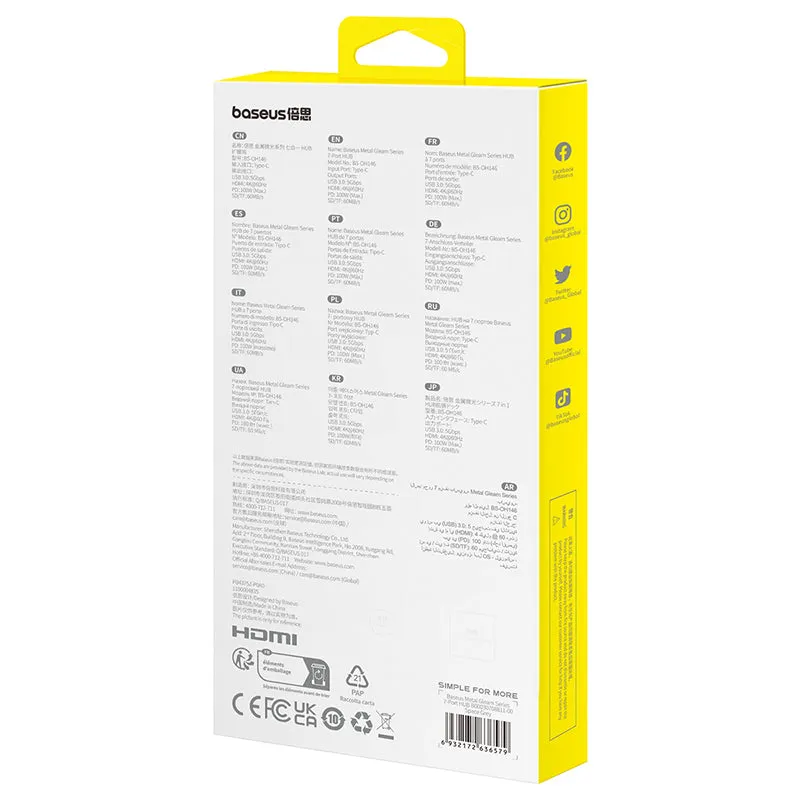 Baseus USB Hub Hub 7in1 Baseus Gleam, USB-C to 1x HDMI4K 60Hz   3x USB3.0   1x PD   1x SD/TF (grey) B00030708811-00