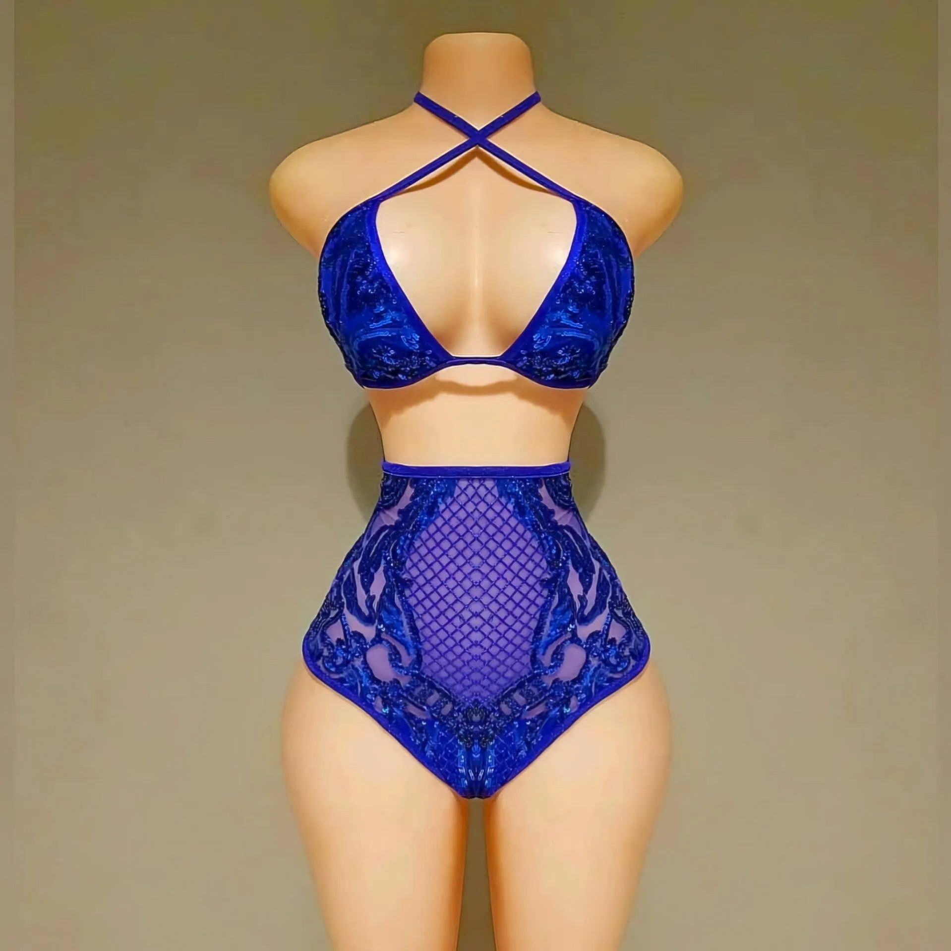 Bleu sequin high waist two piece swimsuit