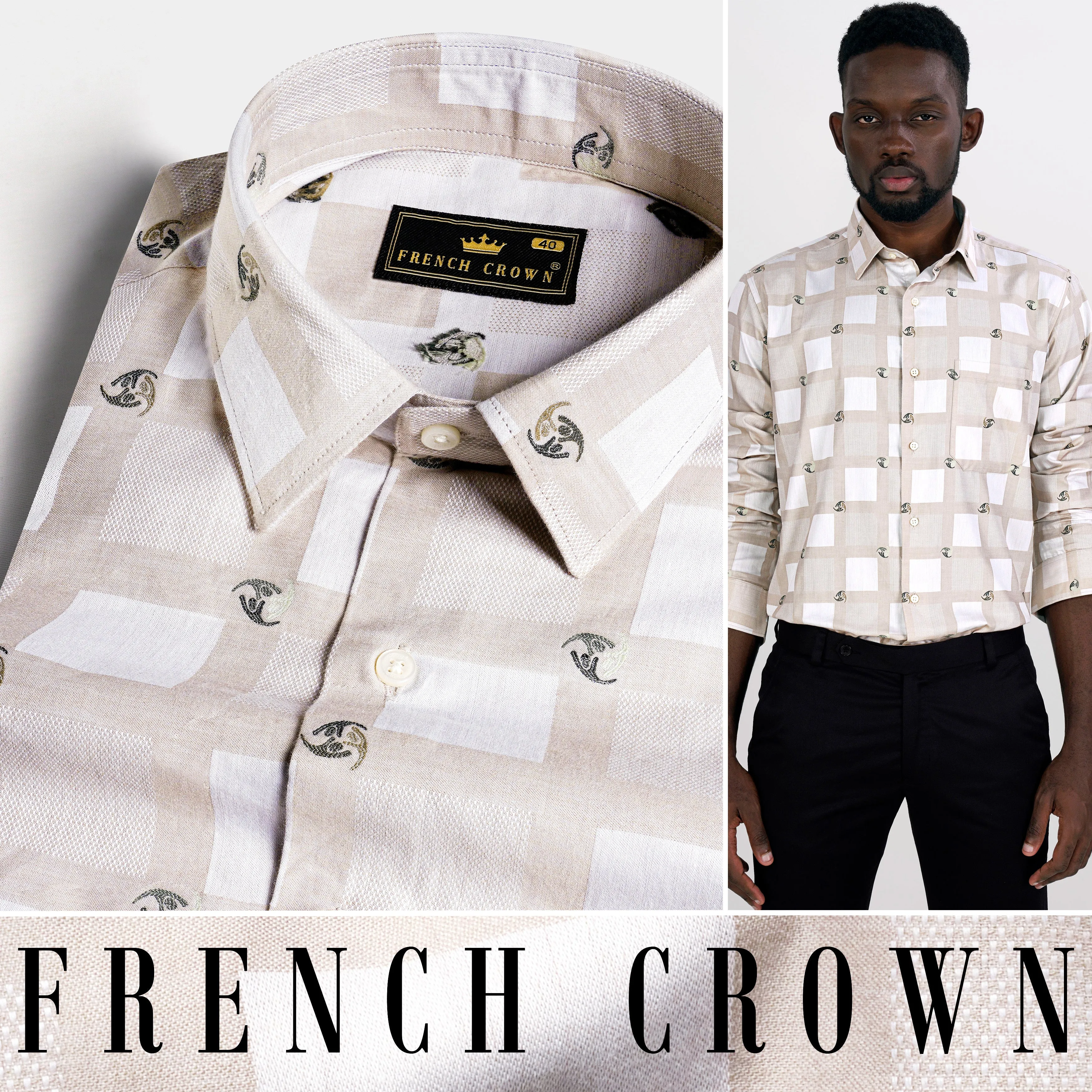 Bone Brown with White Box Jacquard Textured Premium Giza Cotton Shirt