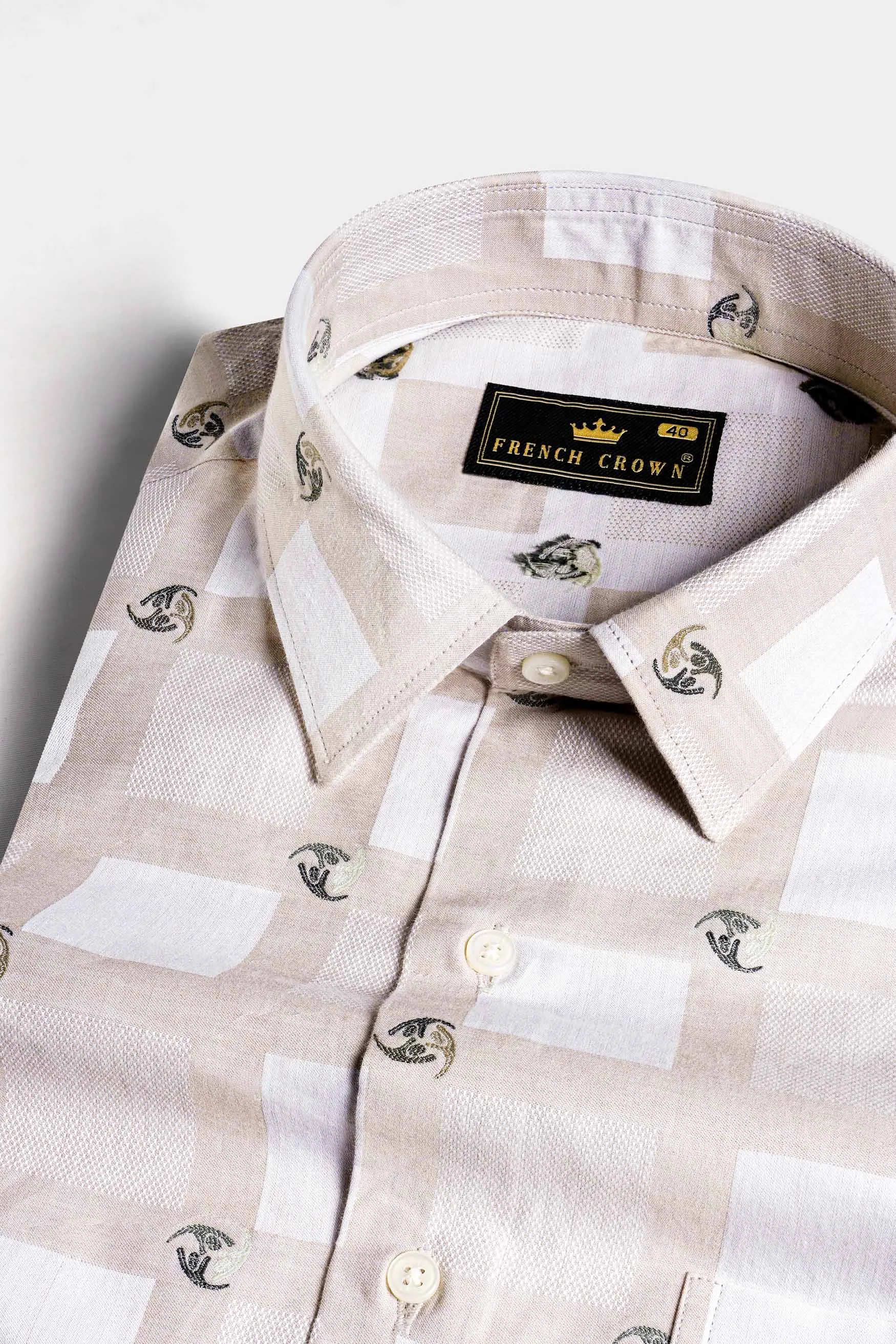 Bone Brown with White Box Jacquard Textured Premium Giza Cotton Shirt