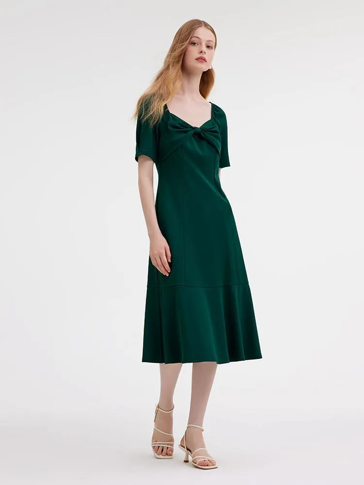 Dark Green Midi Dress With Bow