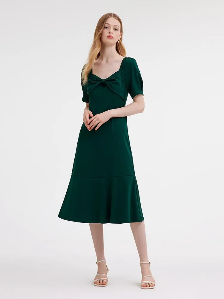Dark Green Midi Dress With Bow