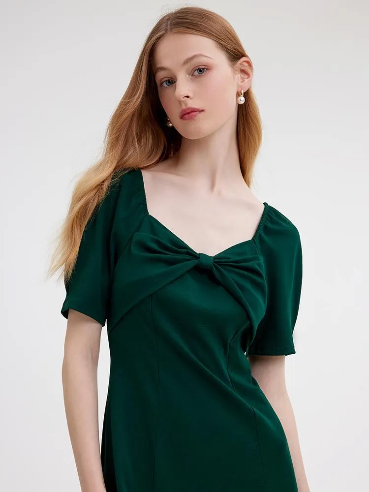 Dark Green Midi Dress With Bow