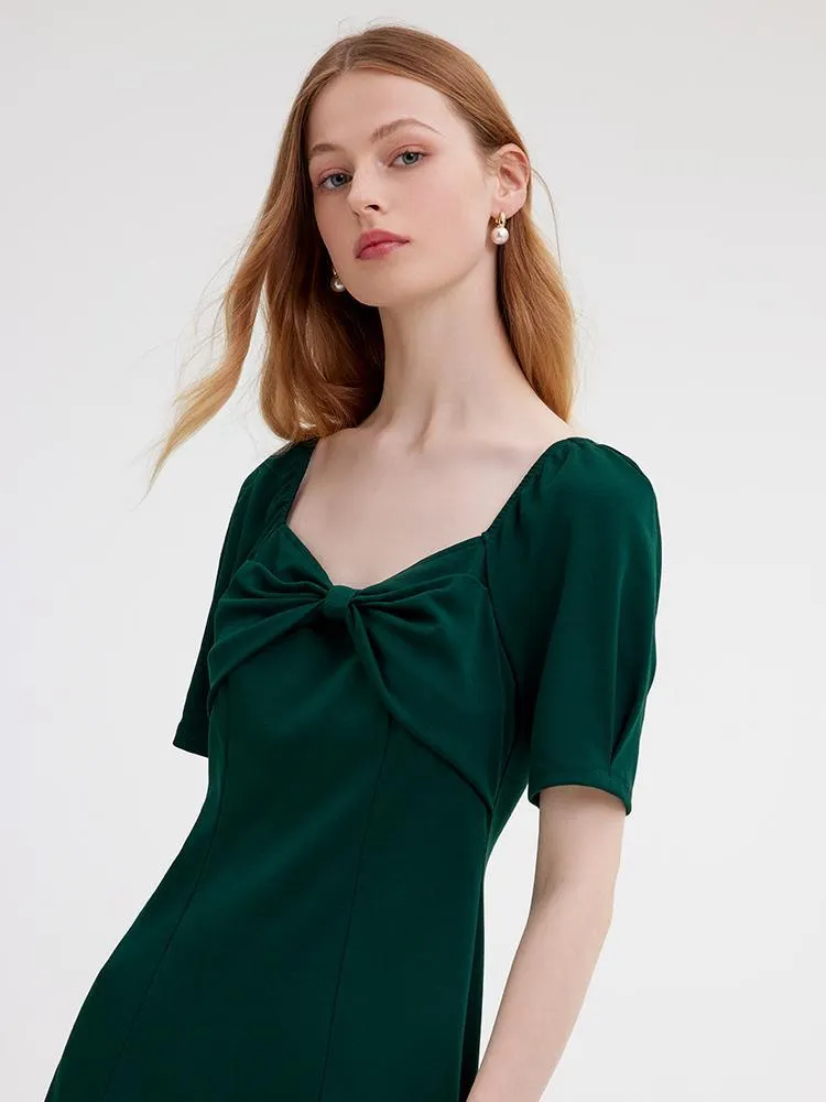 Dark Green Midi Dress With Bow