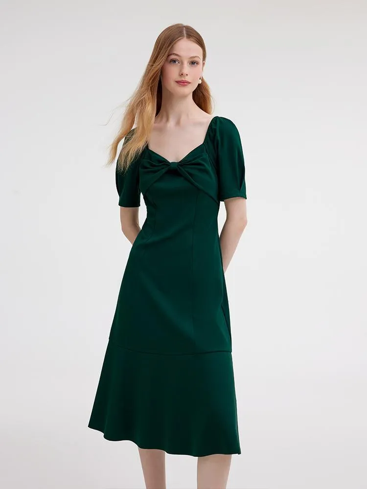 Dark Green Midi Dress With Bow