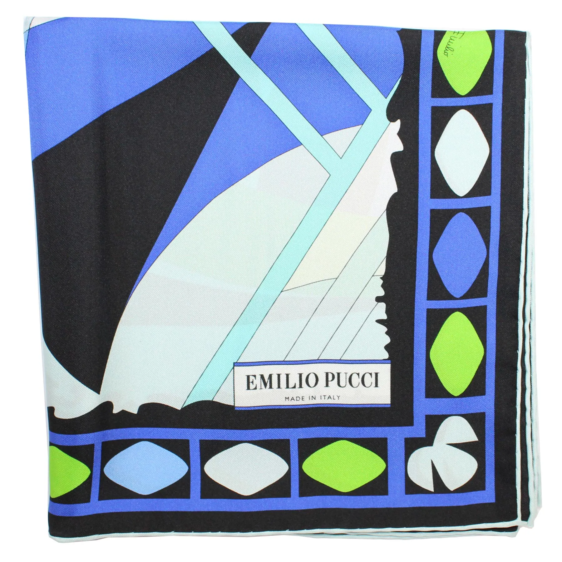 Emilio Pucci Scarf Royal Blue Lime Design - Large Twill Silk Square Foulard SALE