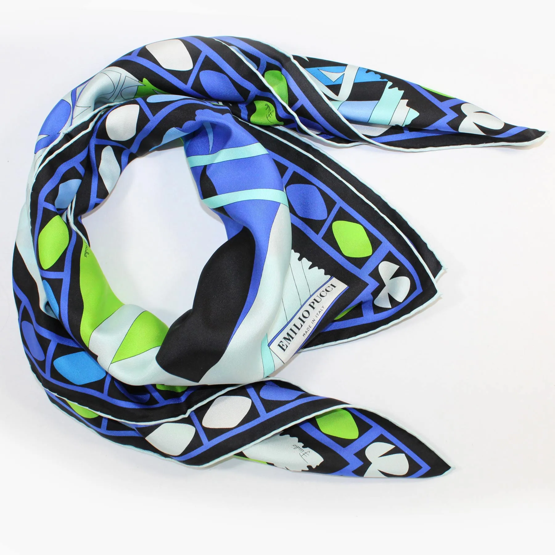 Emilio Pucci Scarf Royal Blue Lime Design - Large Twill Silk Square Foulard SALE
