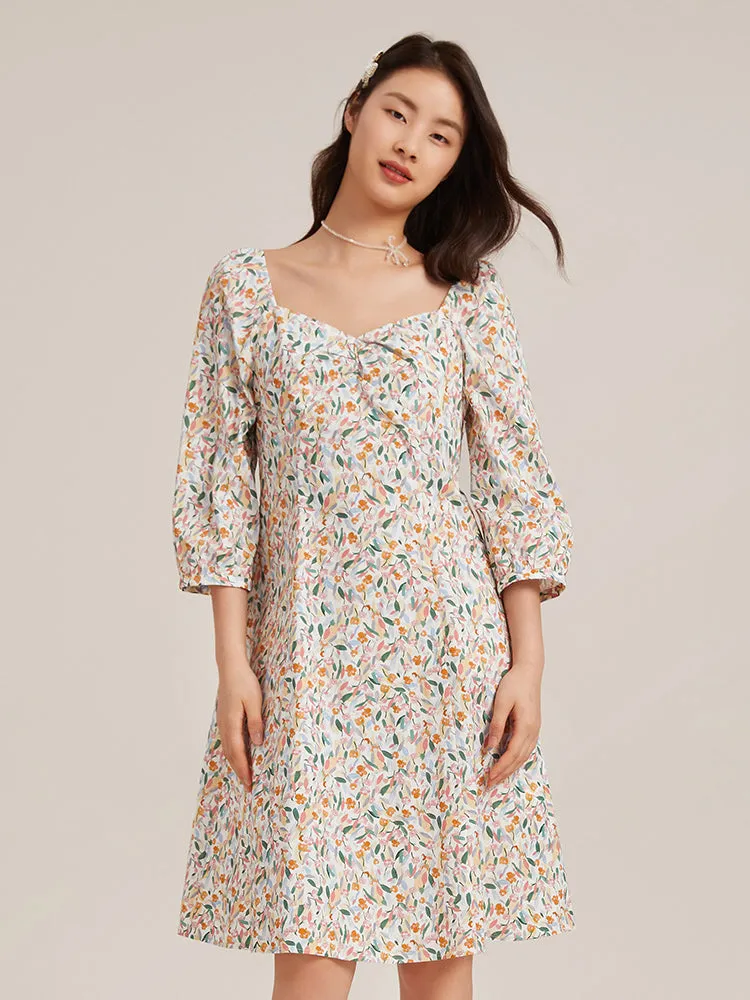 Floral Square Neck Mini Dress With Chain Pouch