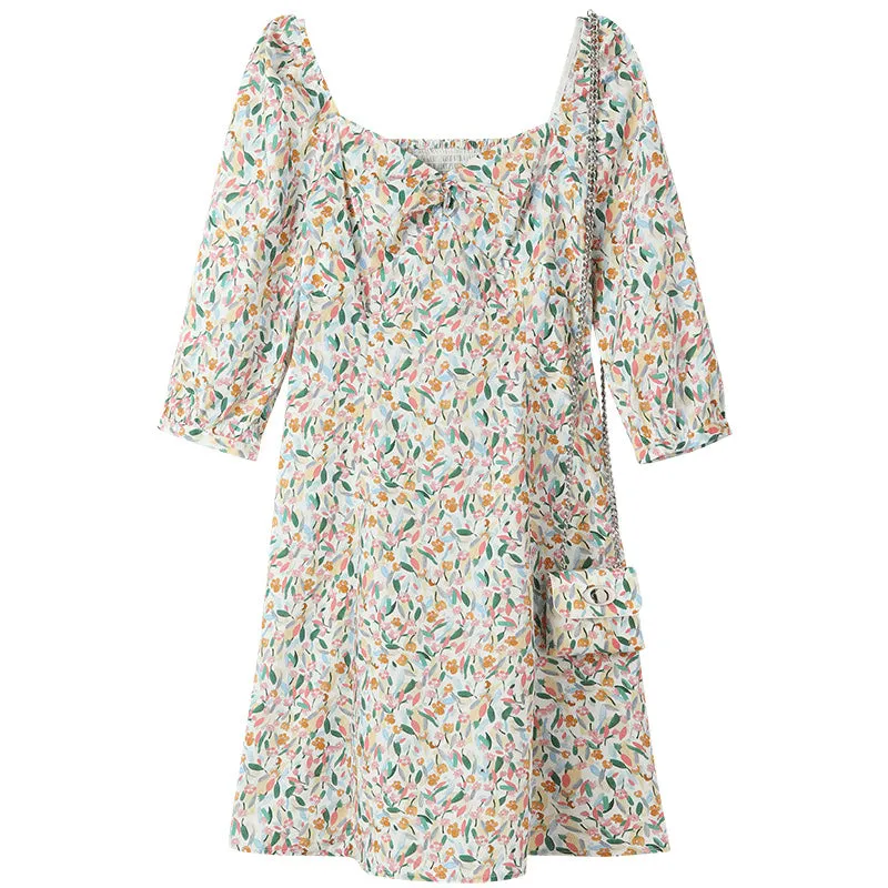 Floral Square Neck Mini Dress With Chain Pouch