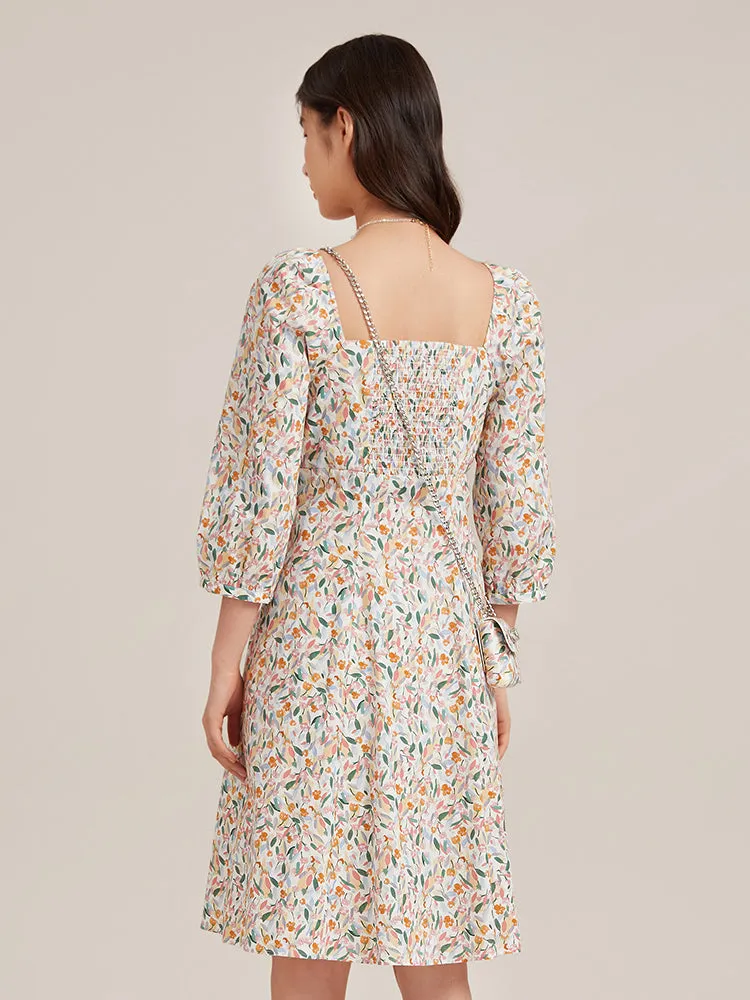 Floral Square Neck Mini Dress With Chain Pouch
