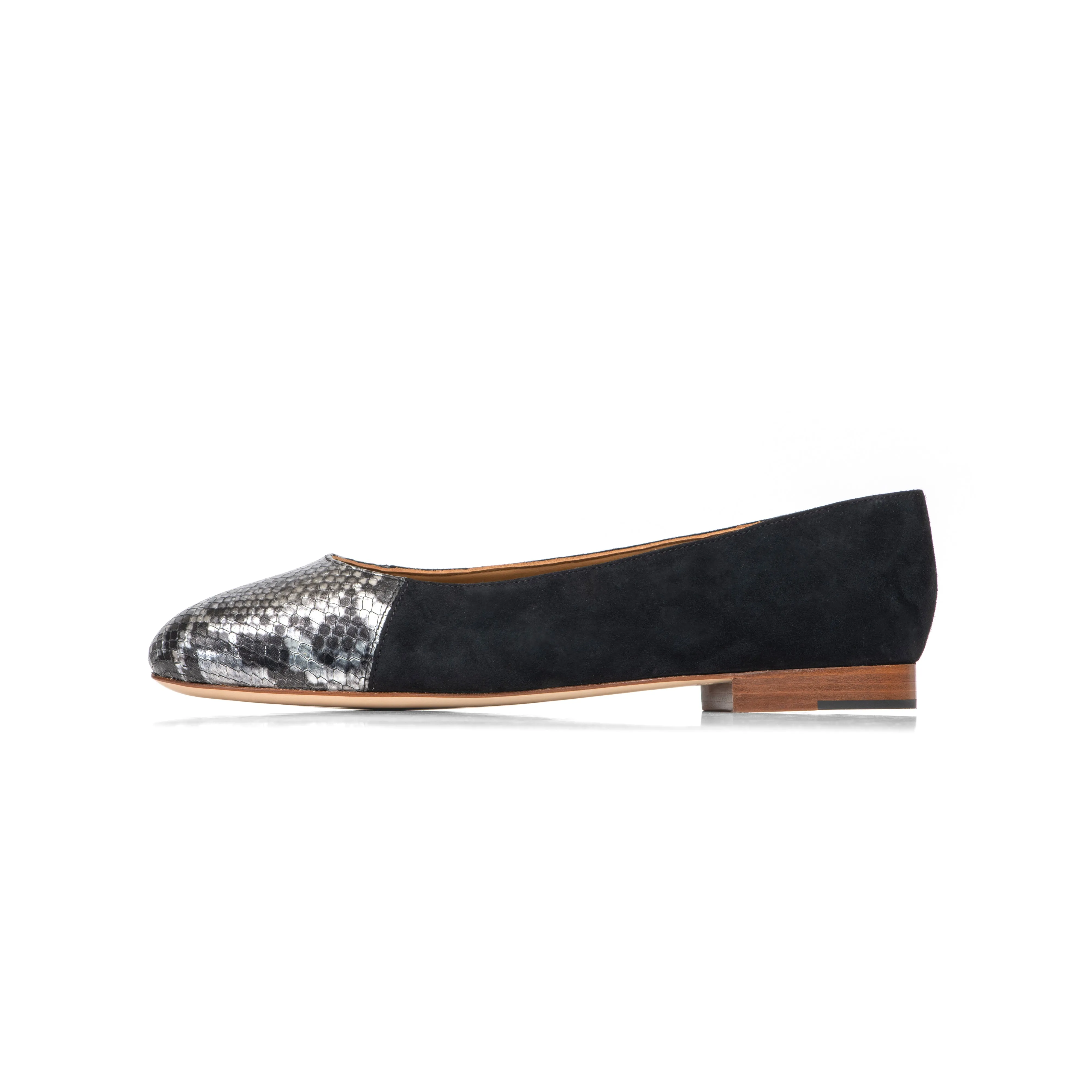 Group Made-To-Order (GMTO) Jessica Ballet Flat in Black Suede and Embossed Silver Python Leather