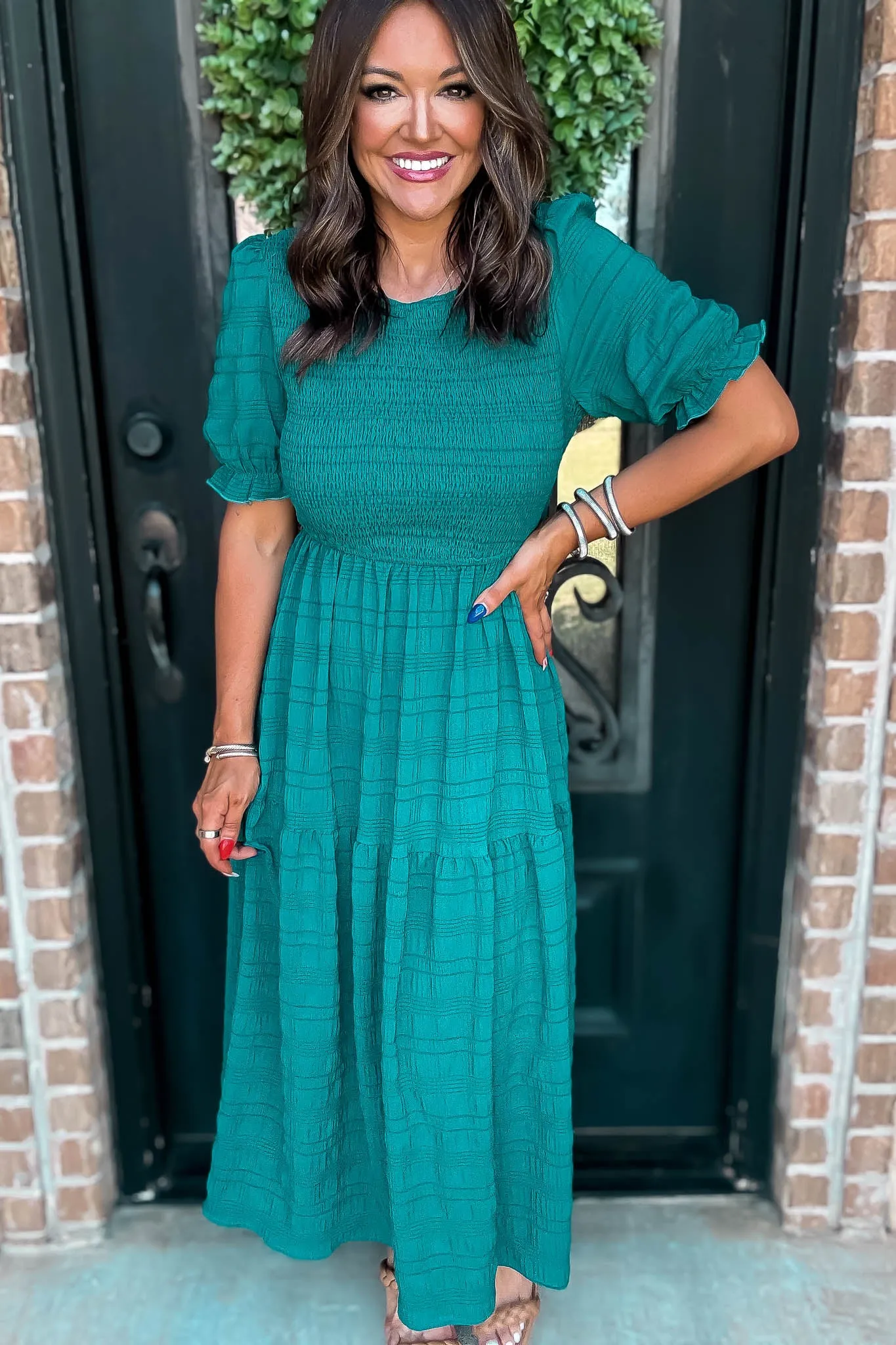 Hunter Green Smocked Textured Tiered Midi Dress