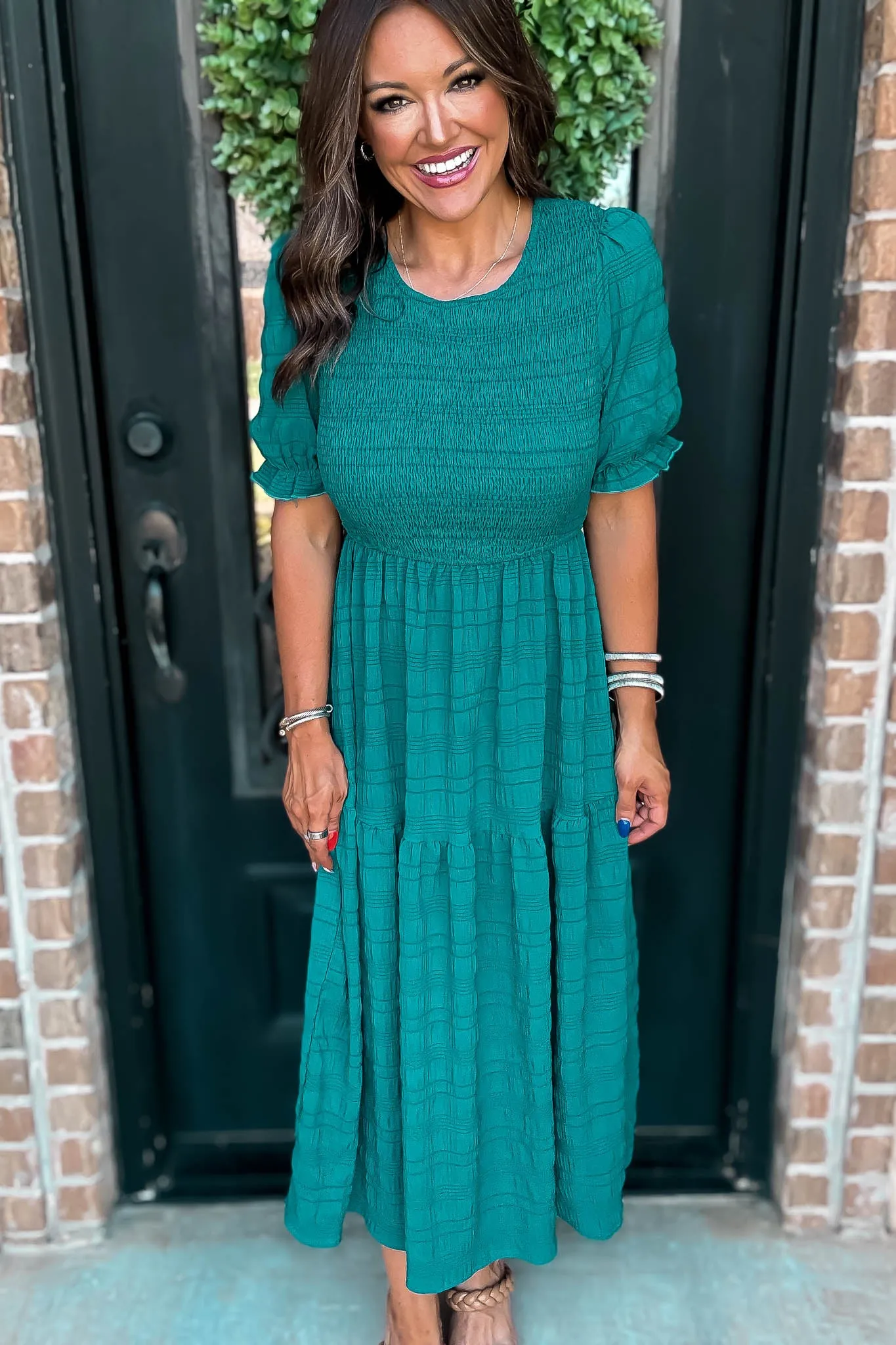 Hunter Green Smocked Textured Tiered Midi Dress