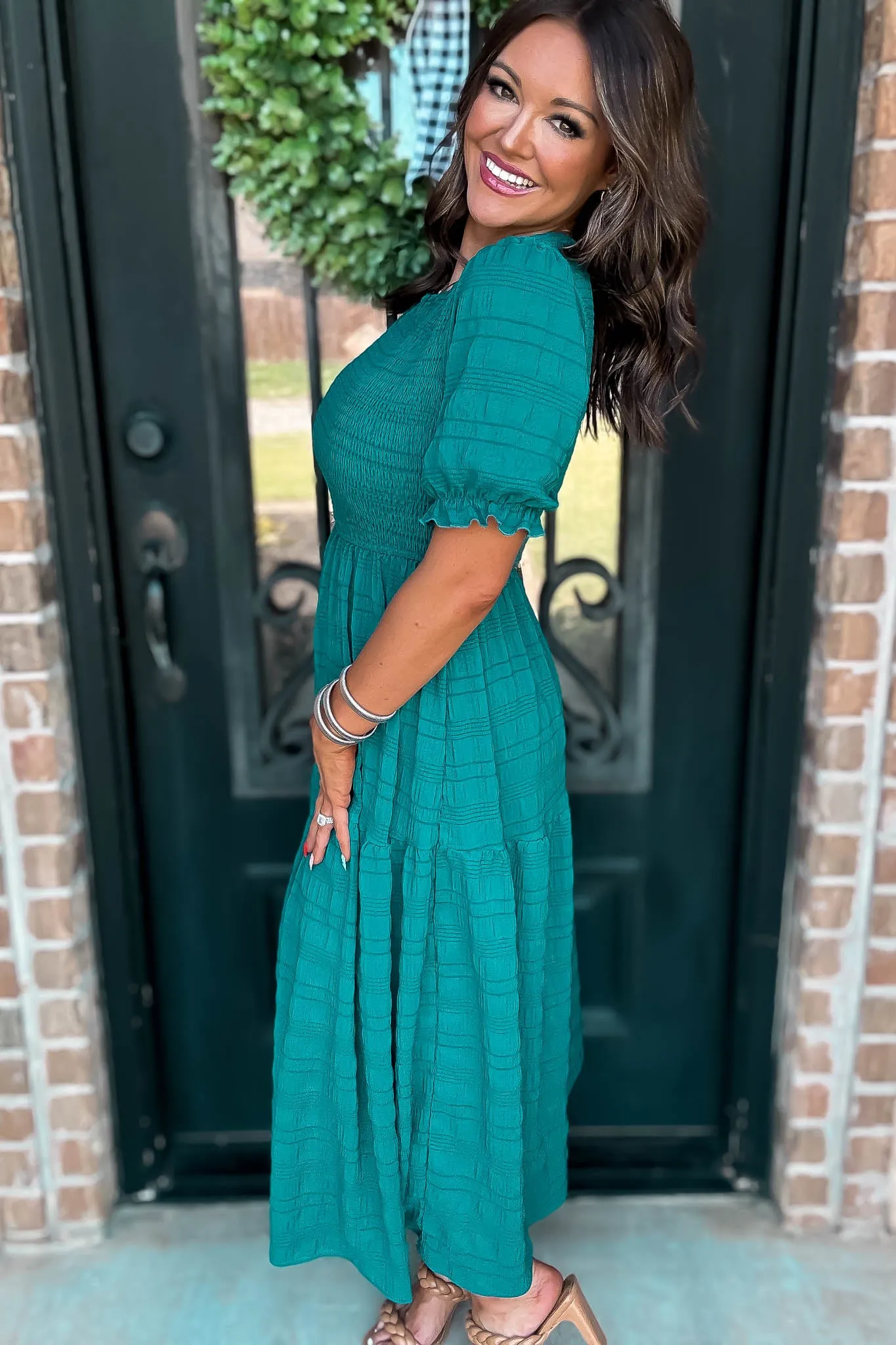 Hunter Green Smocked Textured Tiered Midi Dress