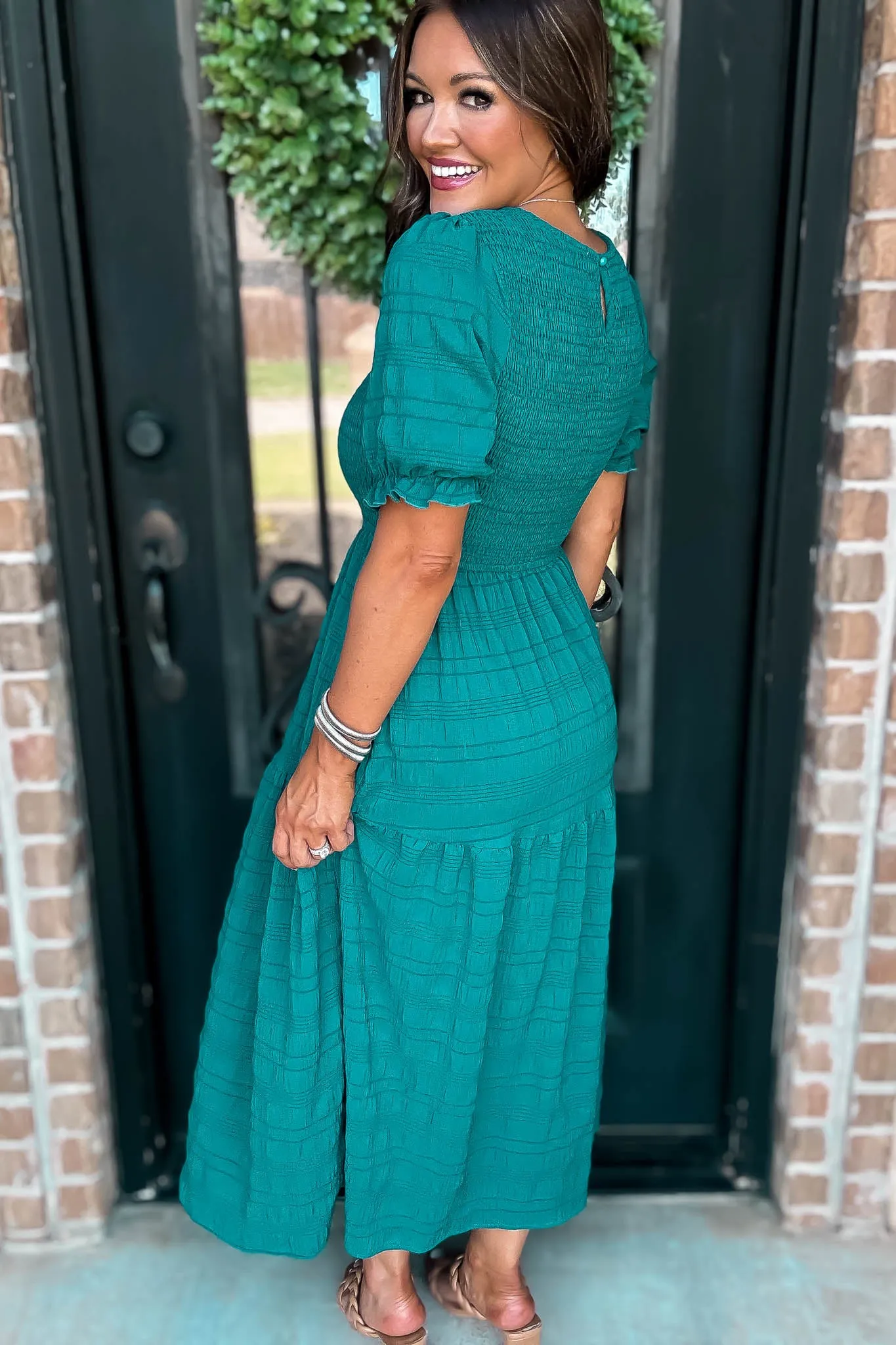 Hunter Green Smocked Textured Tiered Midi Dress