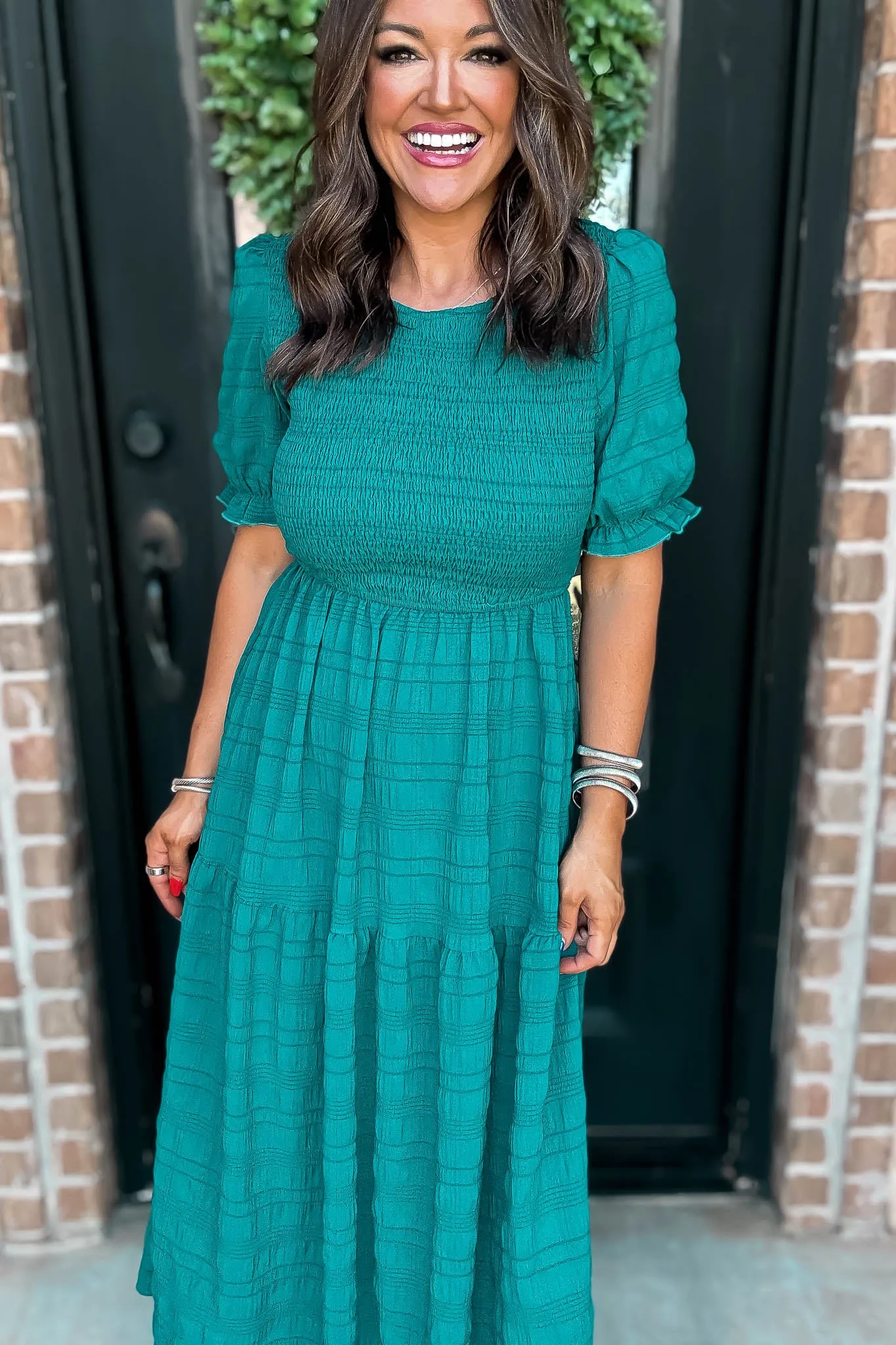 Hunter Green Smocked Textured Tiered Midi Dress