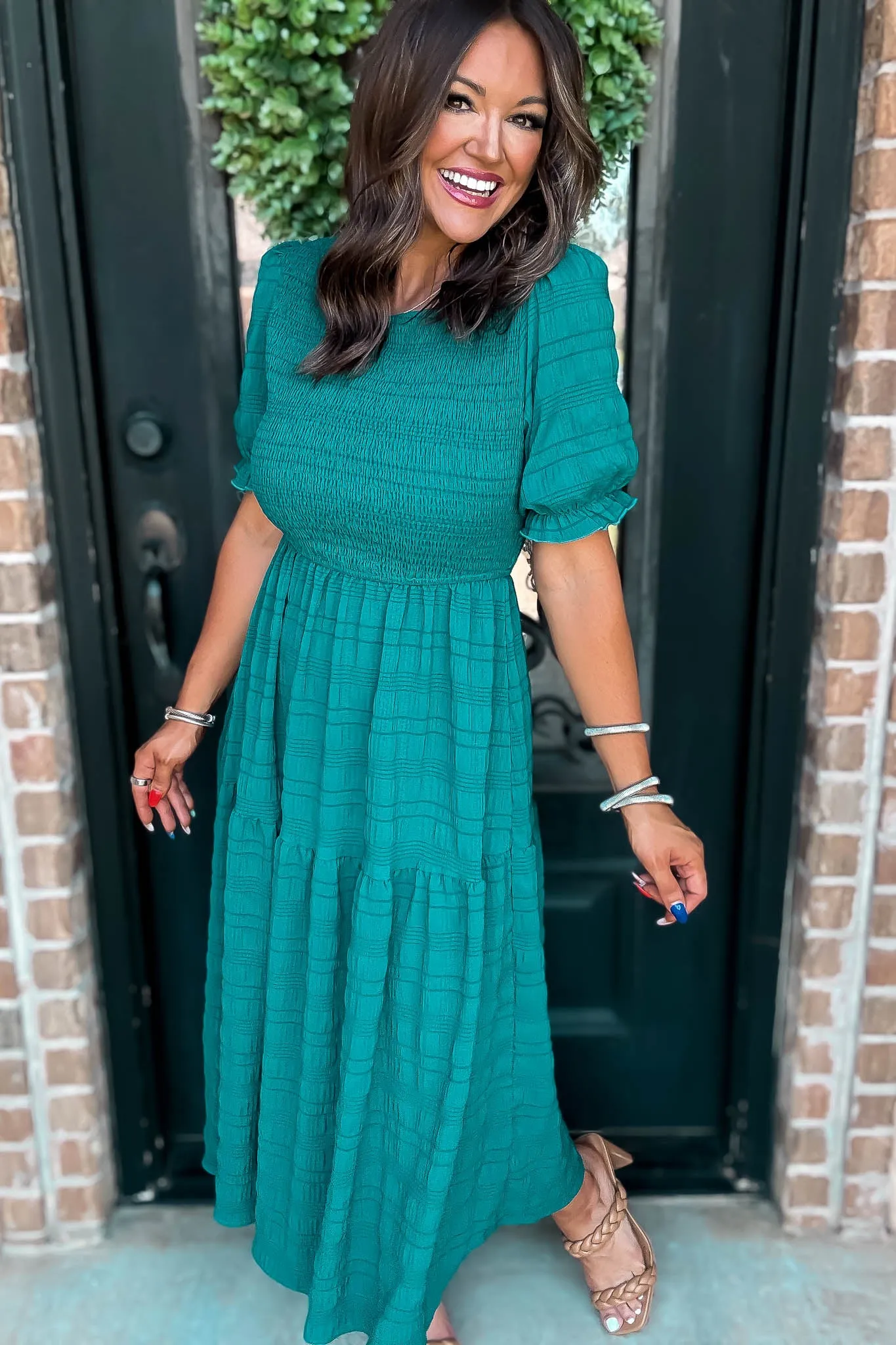 Hunter Green Smocked Textured Tiered Midi Dress