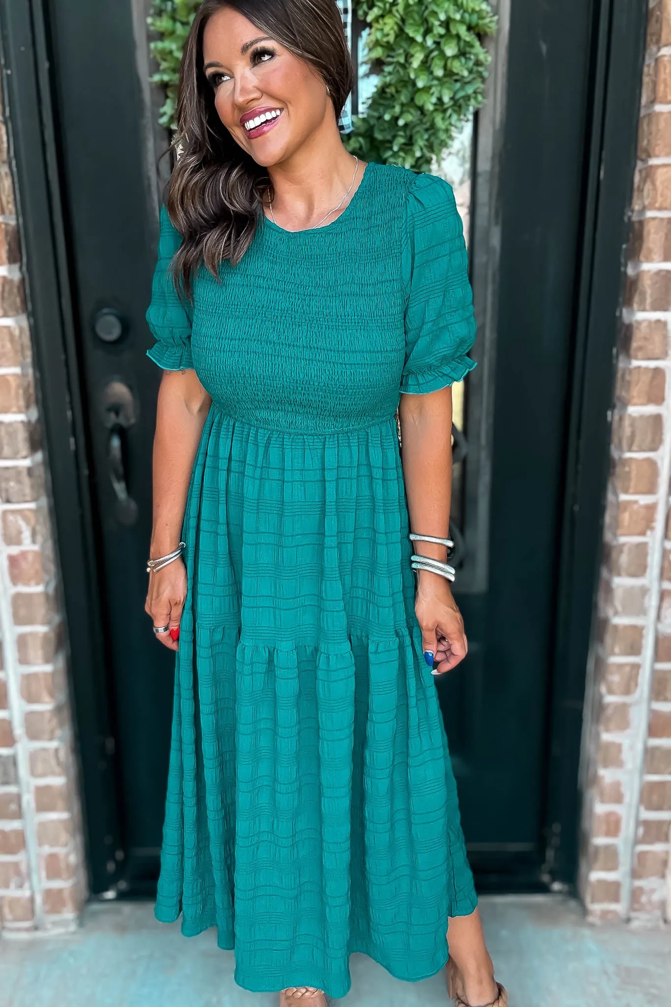 Hunter Green Smocked Textured Tiered Midi Dress