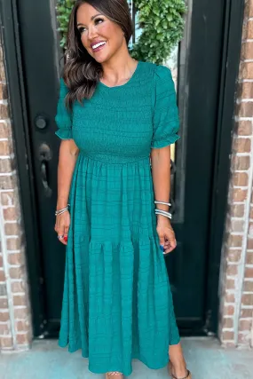 Hunter Green Smocked Textured Tiered Midi Dress