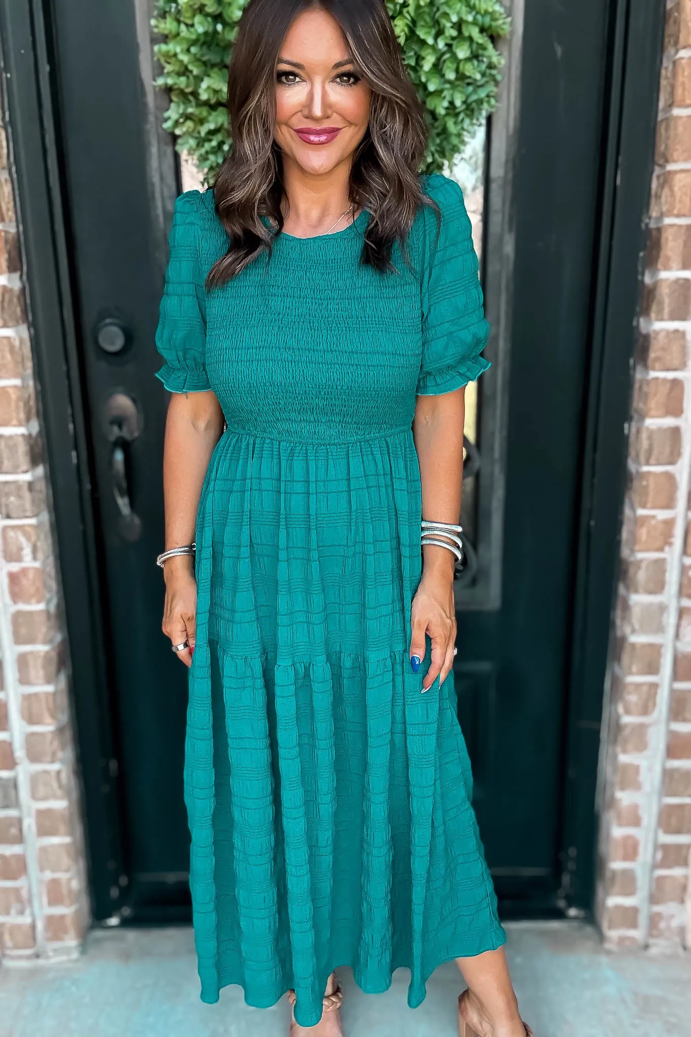Hunter Green Smocked Textured Tiered Midi Dress