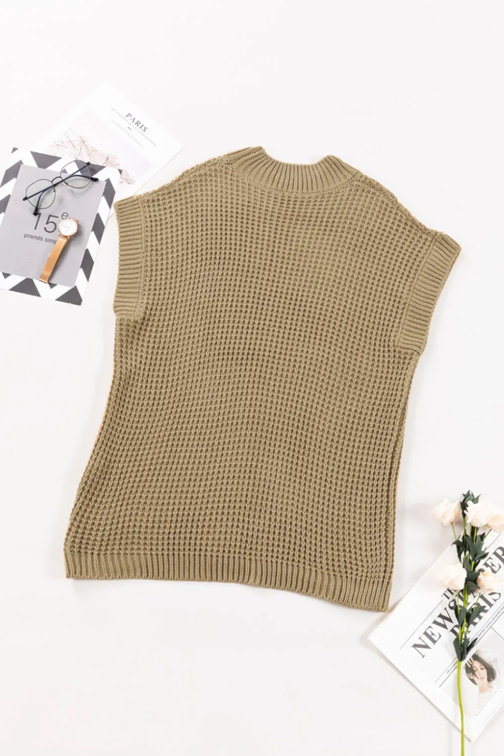 Light French Beige High Neck Short Batwing Sleeve Textured Knit Sweater