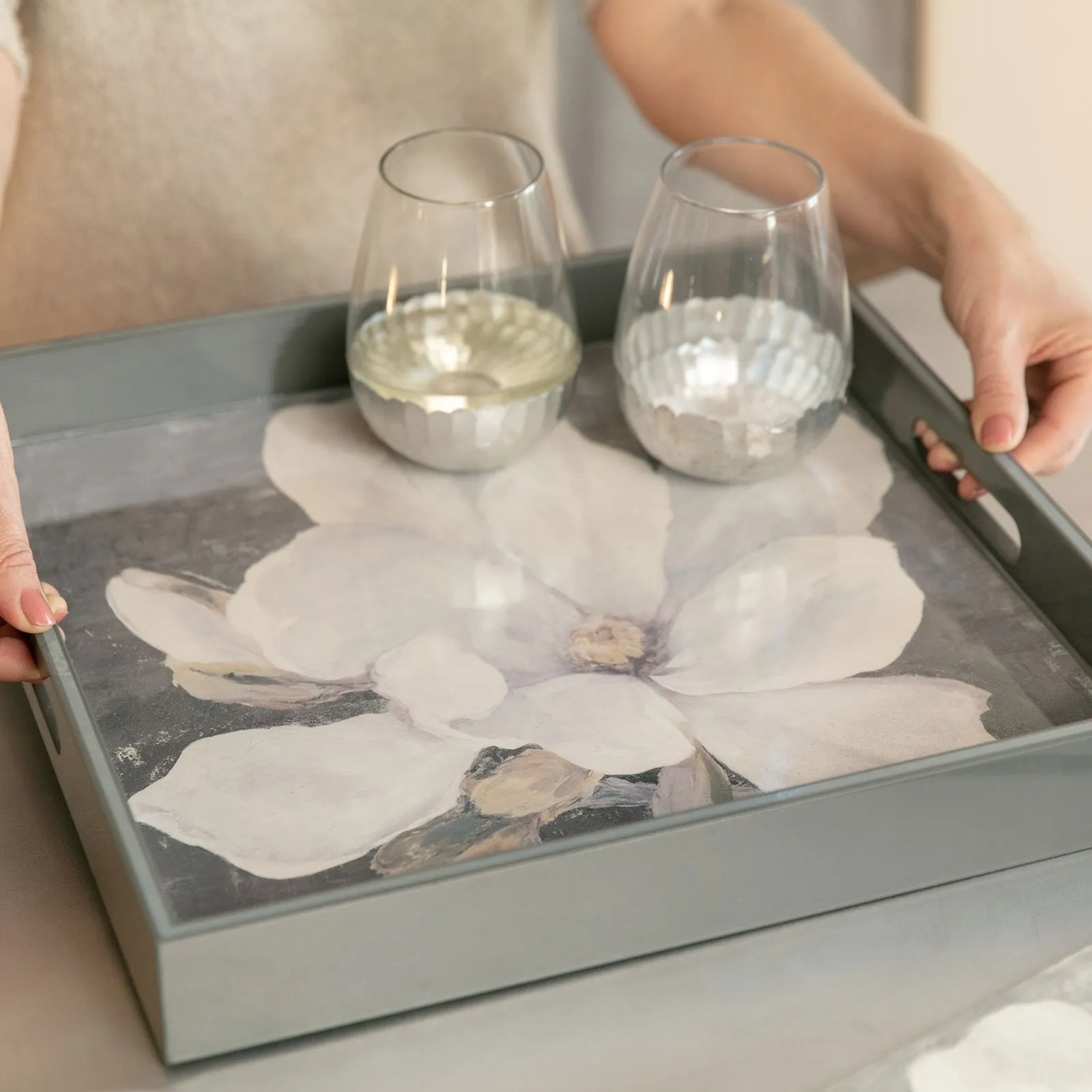 Magnolia 15 Inch Square Lacquer Art Serving Tray