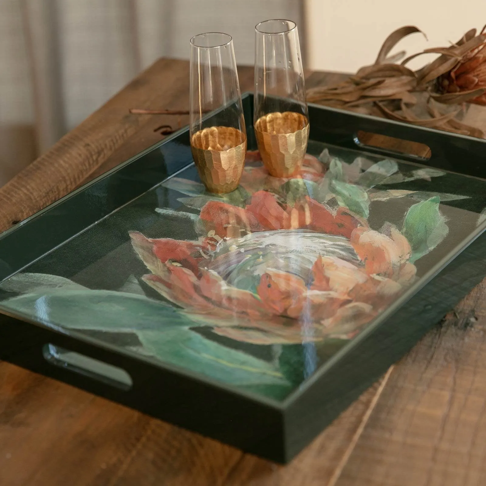 Orange Protea 15" x 20" Rectangular Lacquer Art Serving Tray