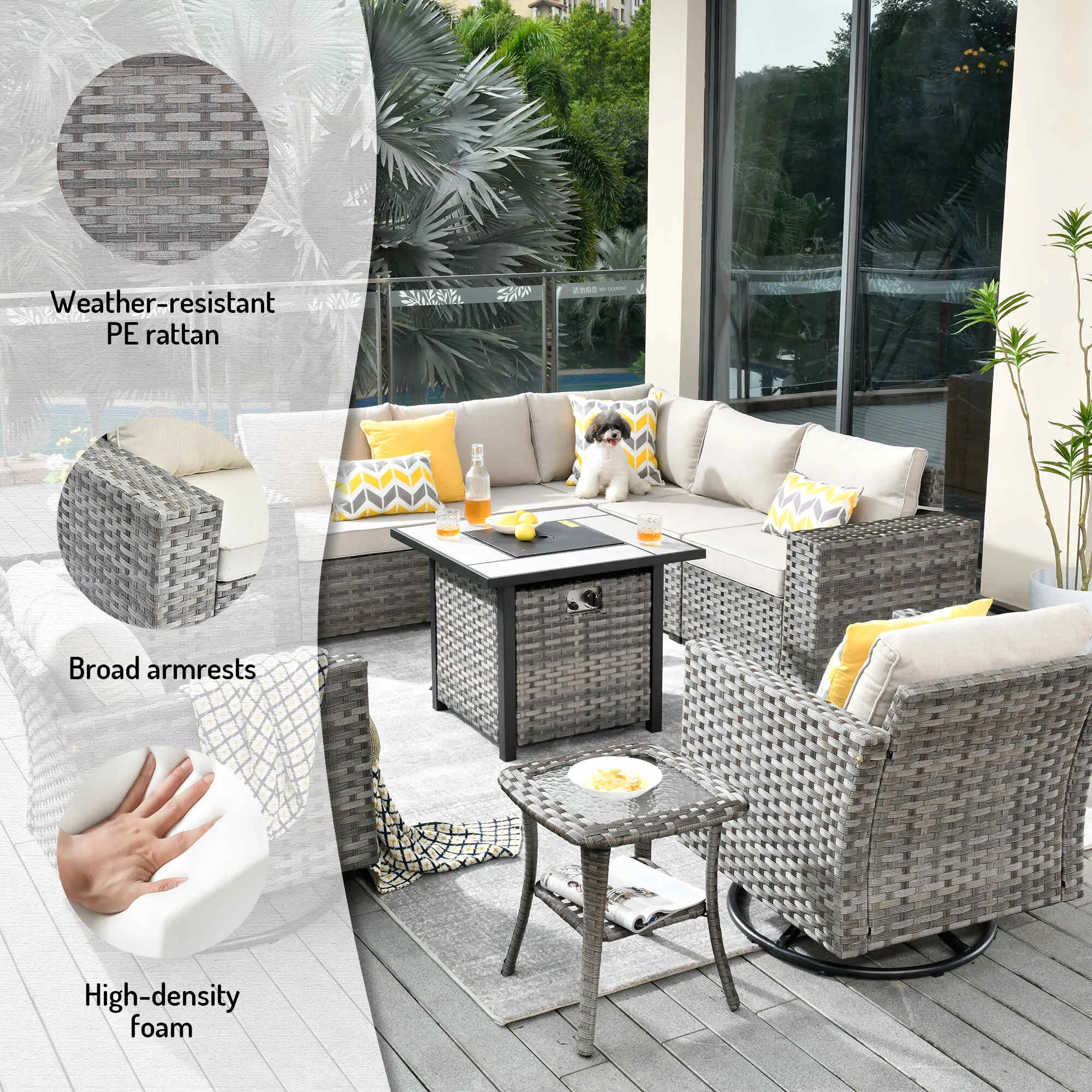 Ovios 10 Pieces Patio Furniture with 7.68'' Handrails and 30'' Fire Pit Table Rocking Chair
