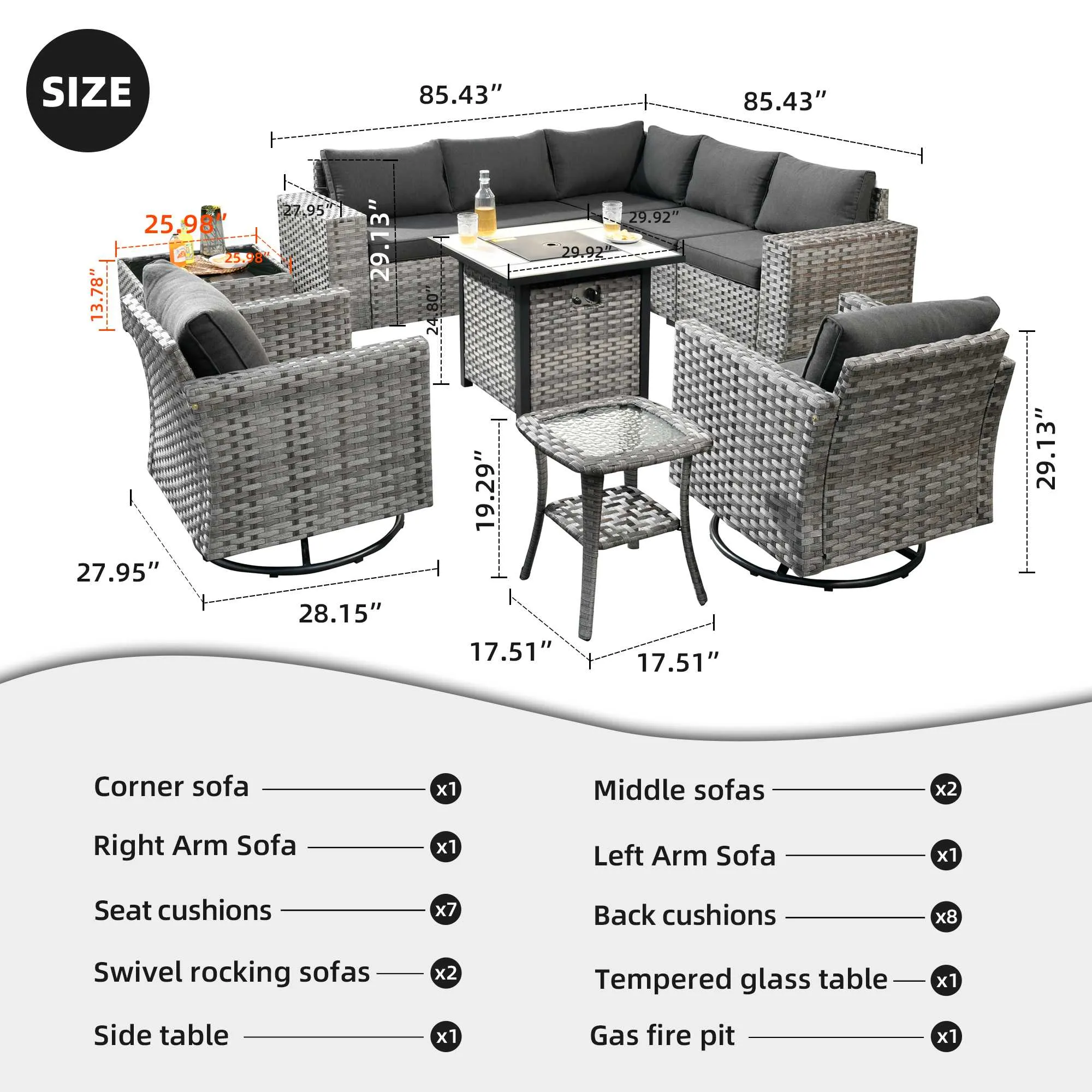Ovios 10 Pieces Patio Furniture with 7.68'' Handrails and 30'' Fire Pit Table Rocking Chair