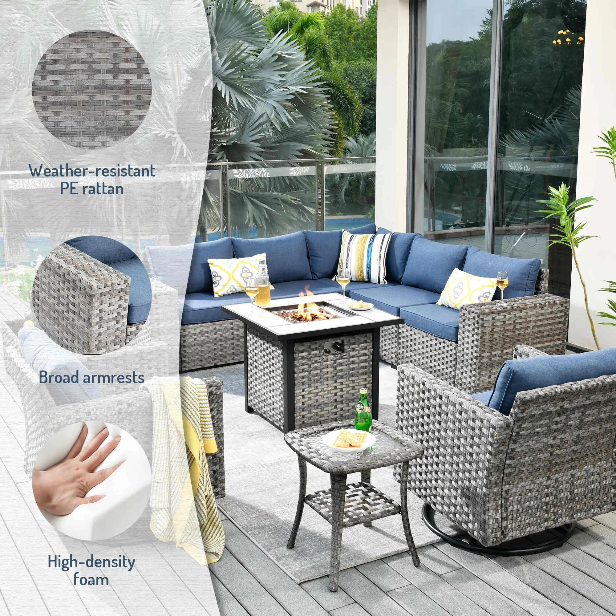 Ovios 10 Pieces Patio Furniture with 7.68'' Handrails and 30'' Fire Pit Table Rocking Chair