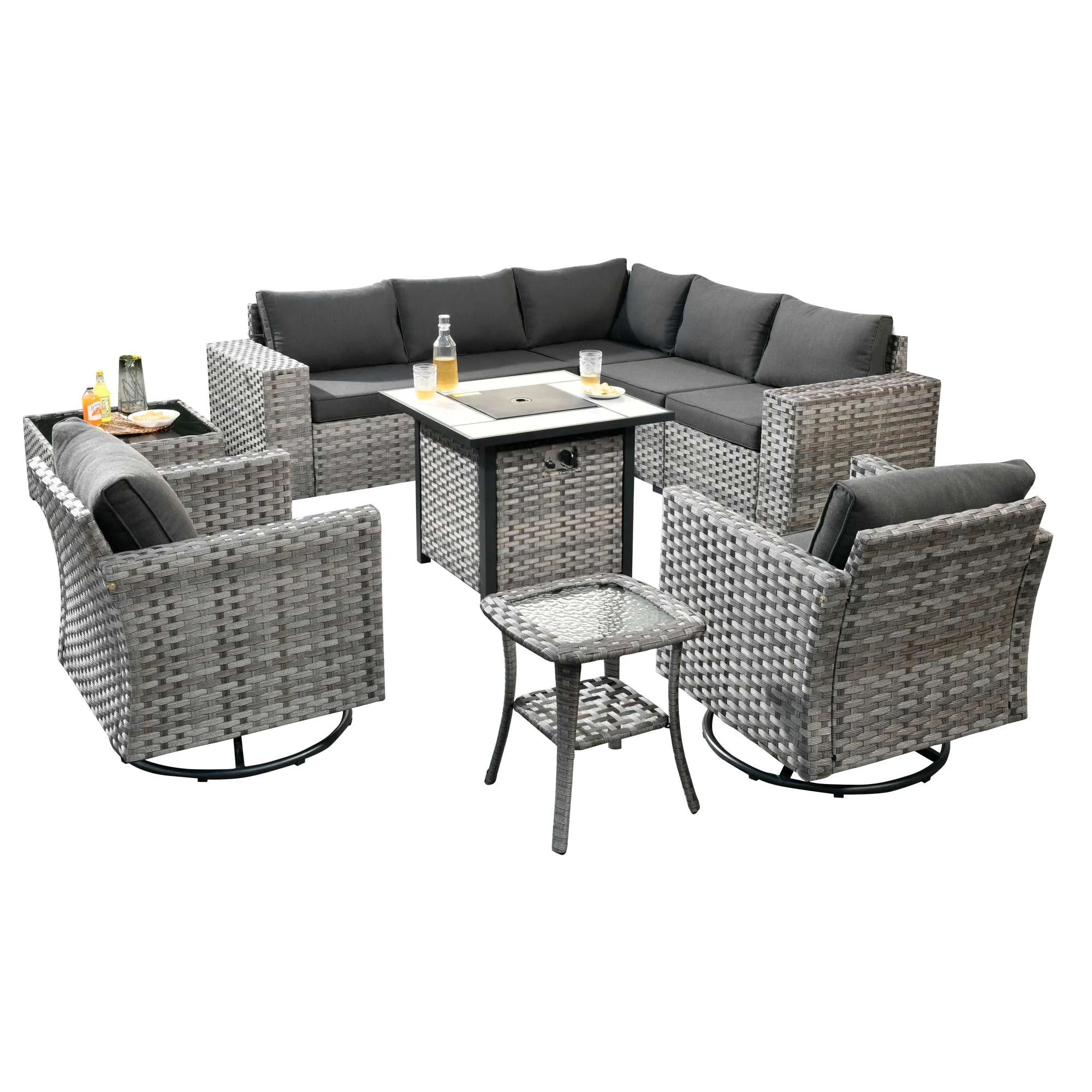Ovios 10 Pieces Patio Furniture with 7.68'' Handrails and 30'' Fire Pit Table Rocking Chair