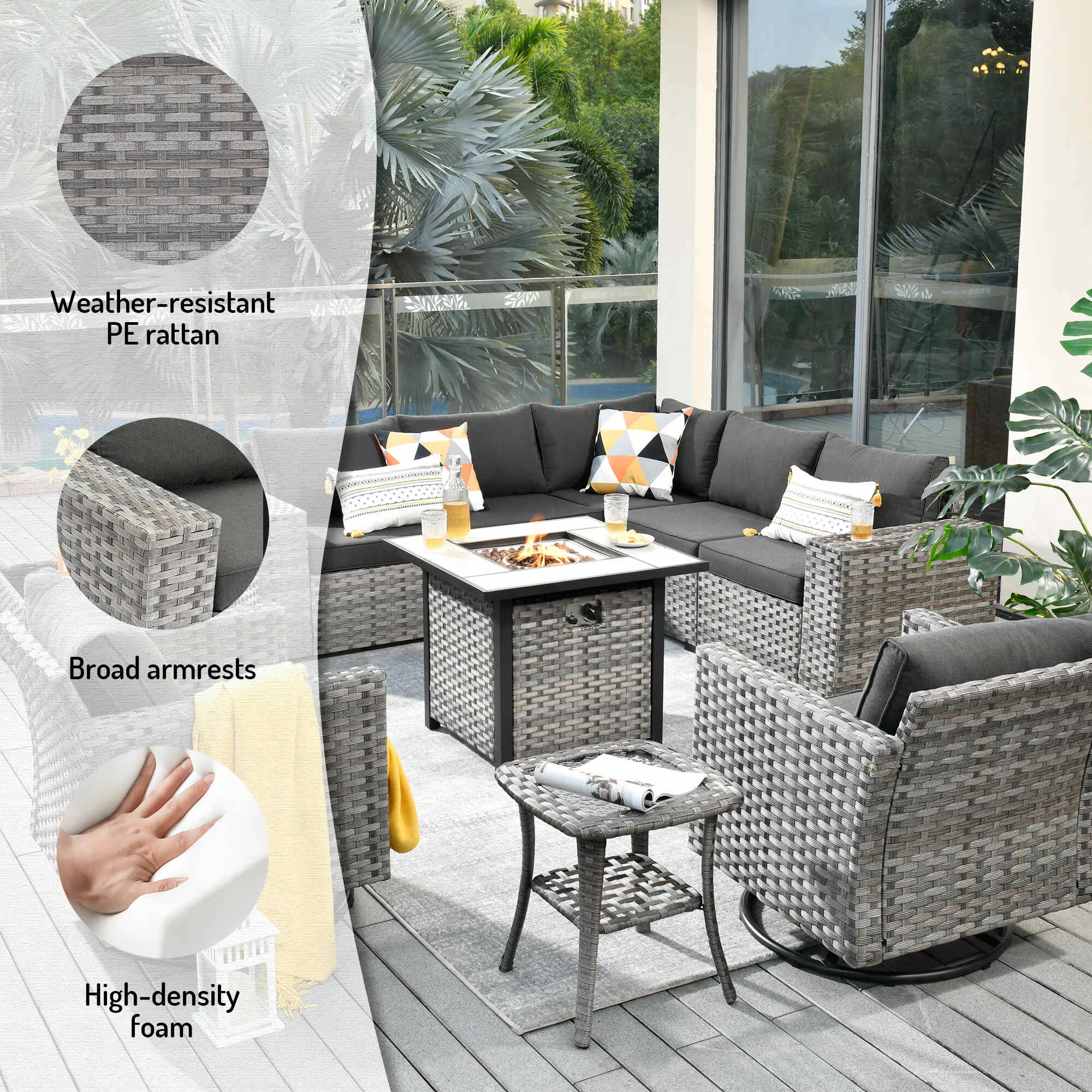 Ovios 10 Pieces Patio Furniture with 7.68'' Handrails and 30'' Fire Pit Table Rocking Chair