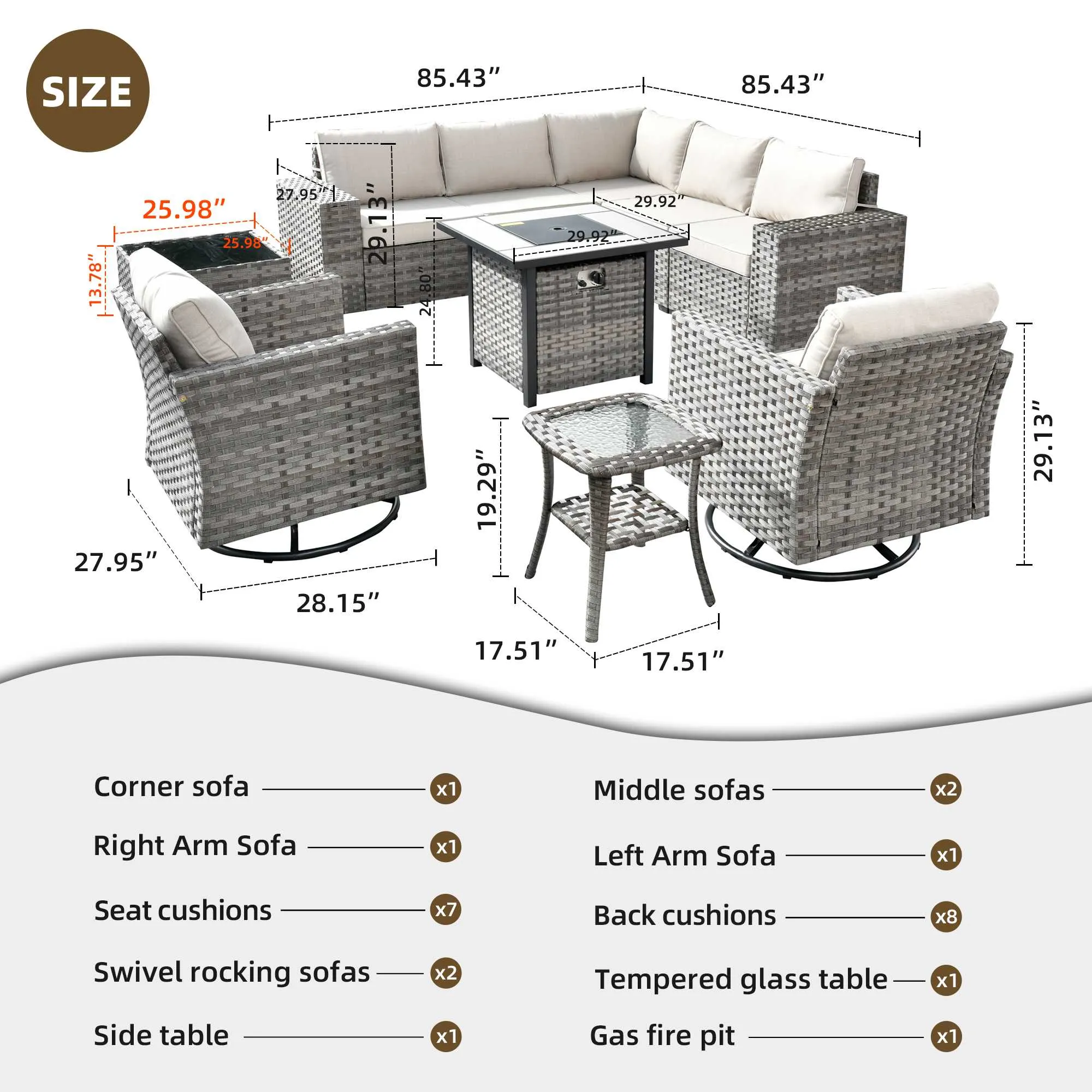 Ovios 10 Pieces Patio Furniture with 7.68'' Handrails and 30'' Fire Pit Table Rocking Chair