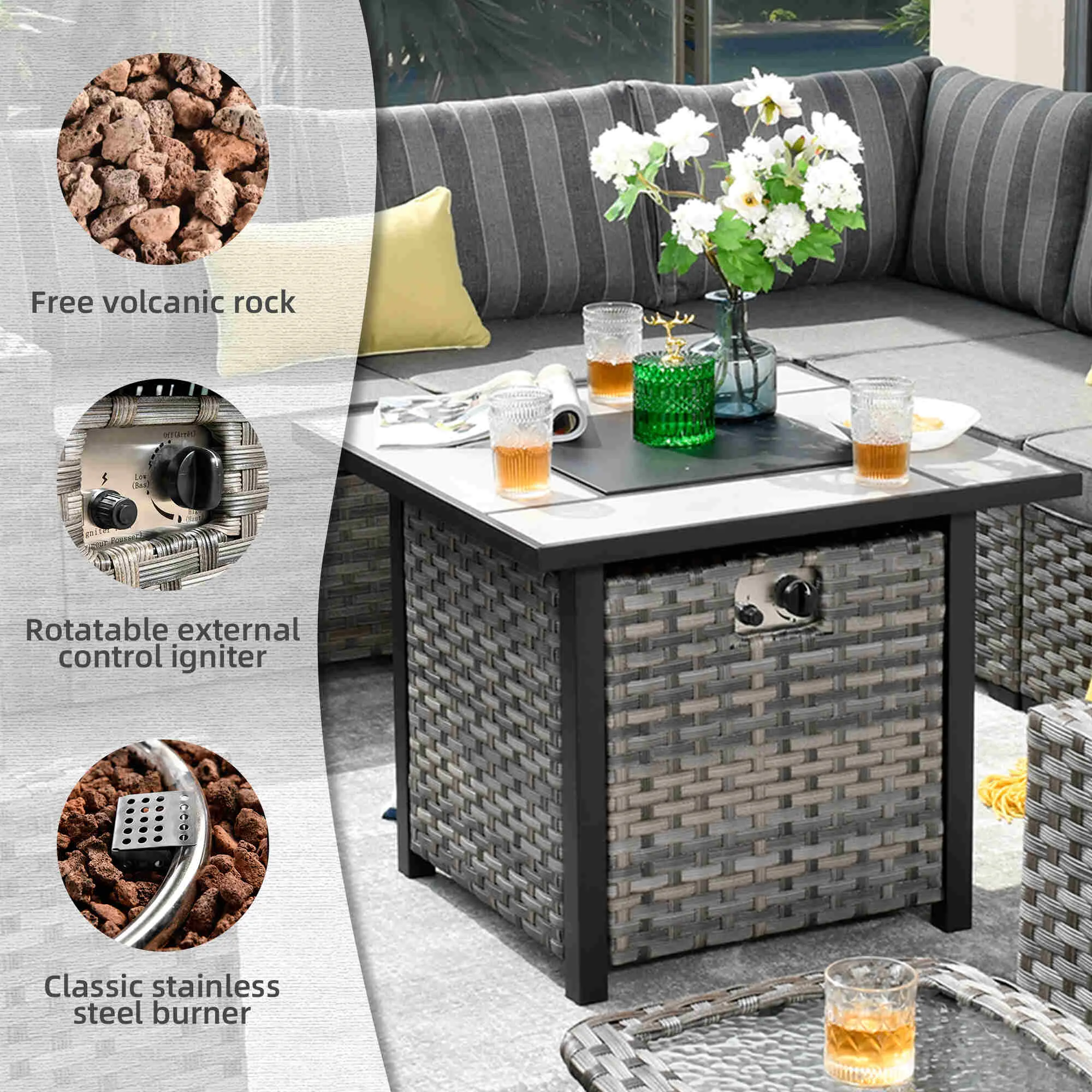 Ovios 10 Pieces Patio Furniture with 7.68'' Handrails and 30'' Fire Pit Table Rocking Chair