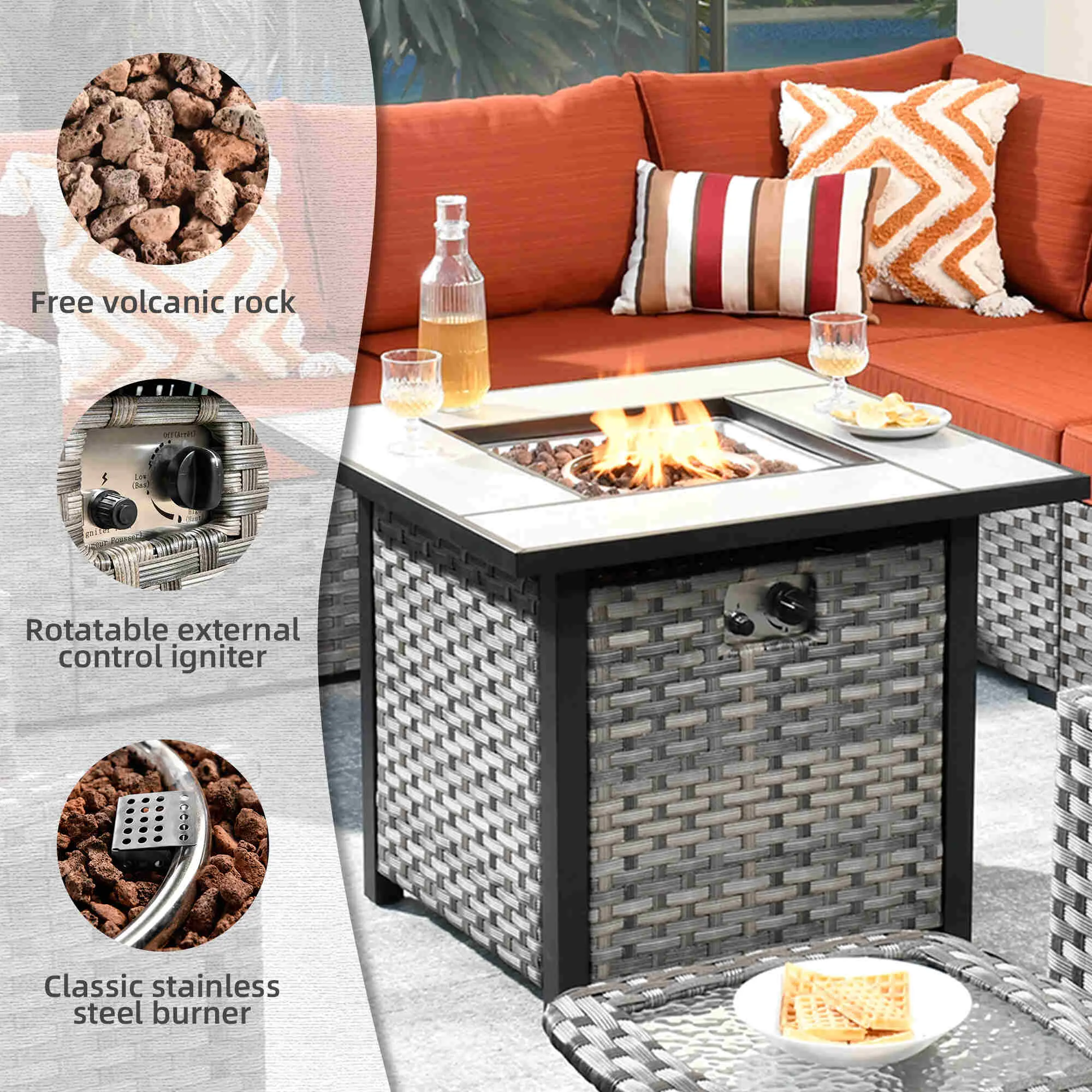 Ovios 10 Pieces Patio Furniture with 7.68'' Handrails and 30'' Fire Pit Table Rocking Chair