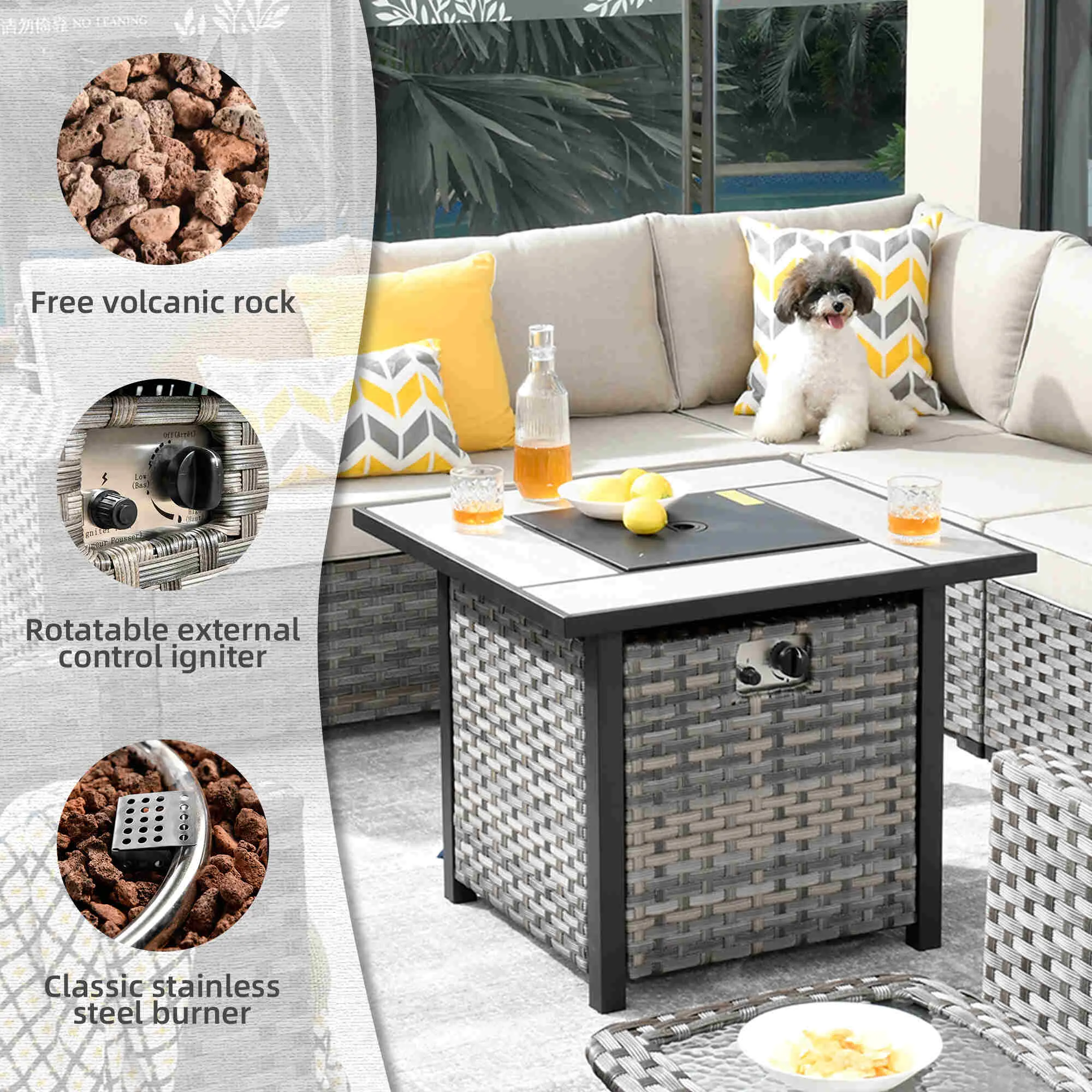 Ovios 10 Pieces Patio Furniture with 7.68'' Handrails and 30'' Fire Pit Table Rocking Chair