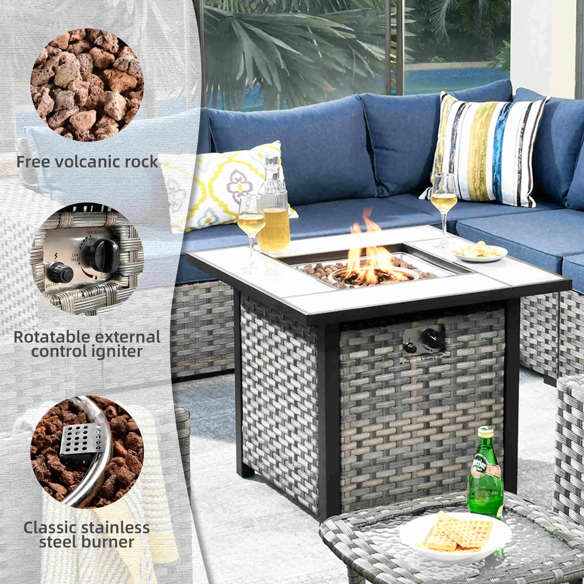 Ovios 10 Pieces Patio Furniture with 7.68'' Handrails and 30'' Fire Pit Table Rocking Chair