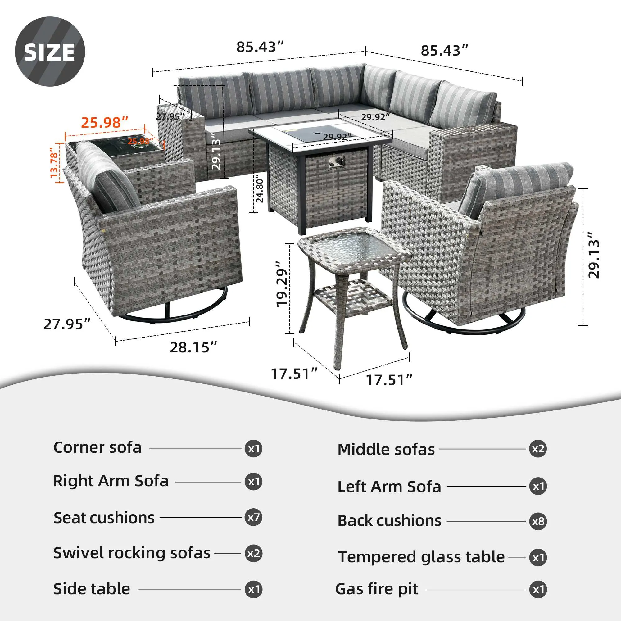 Ovios 10 Pieces Patio Furniture with 7.68'' Handrails and 30'' Fire Pit Table Rocking Chair