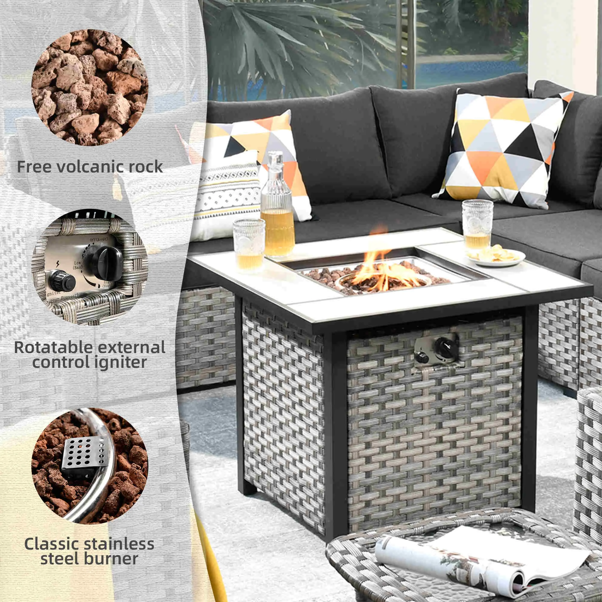 Ovios 10 Pieces Patio Furniture with 7.68'' Handrails and 30'' Fire Pit Table Rocking Chair