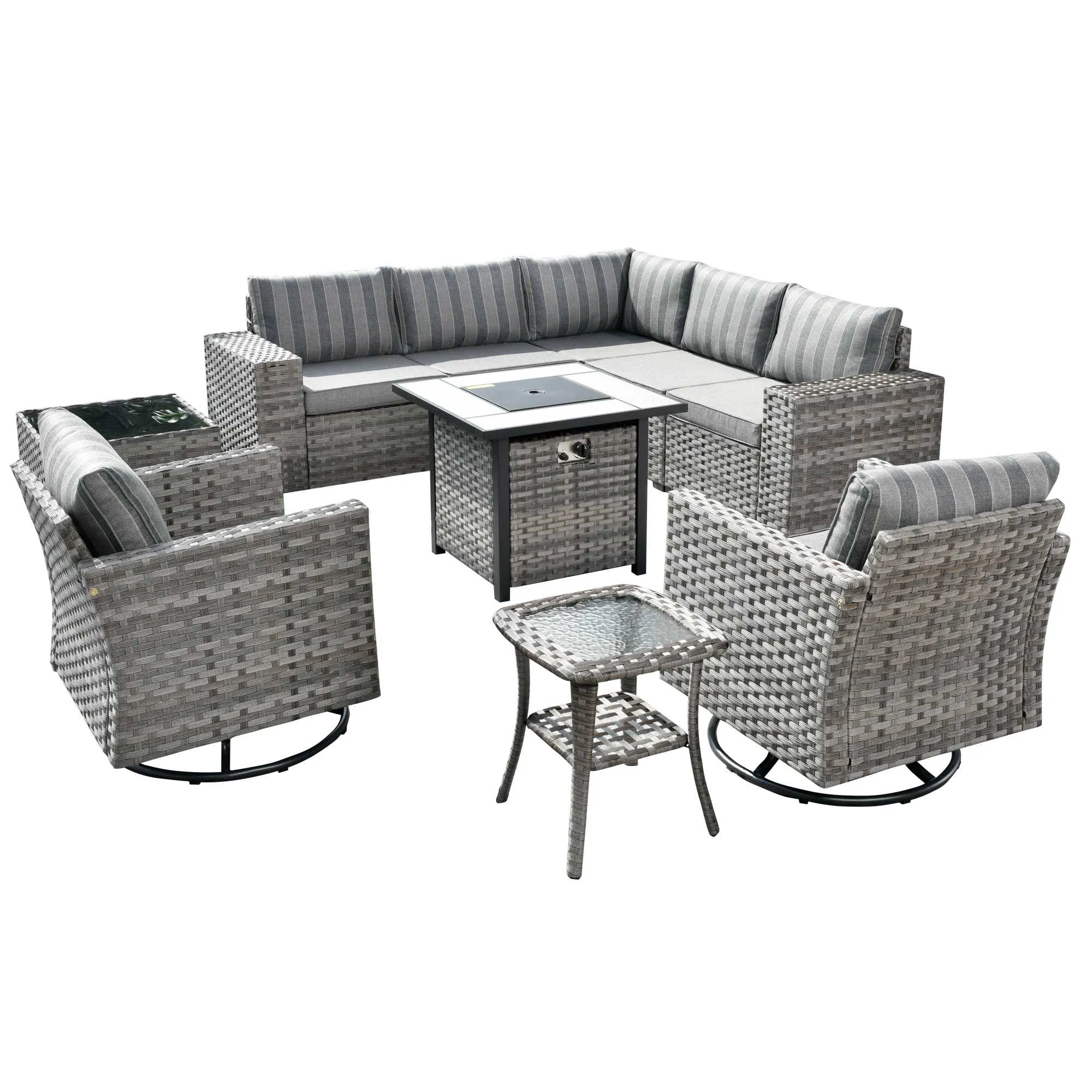 Ovios 10 Pieces Patio Furniture with 7.68'' Handrails and 30'' Fire Pit Table Rocking Chair