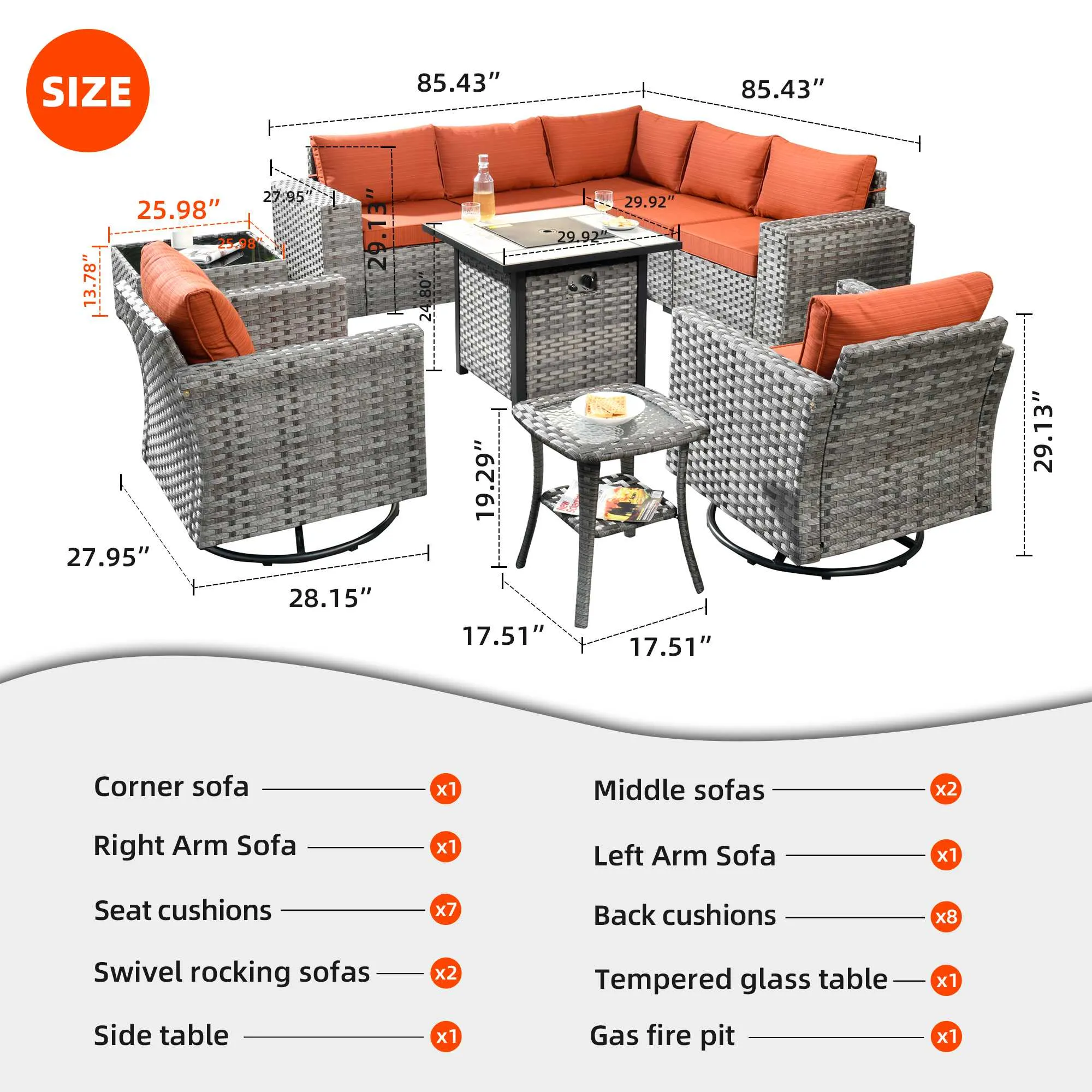 Ovios 10 Pieces Patio Furniture with 7.68'' Handrails and 30'' Fire Pit Table Rocking Chair