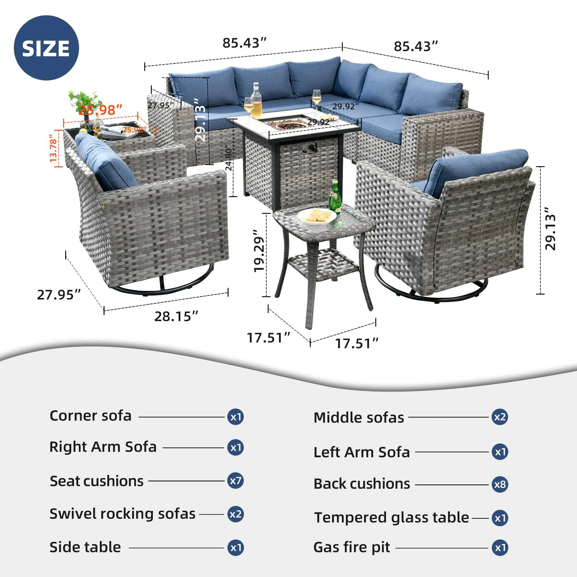 Ovios 10 Pieces Patio Furniture with 7.68'' Handrails and 30'' Fire Pit Table Rocking Chair