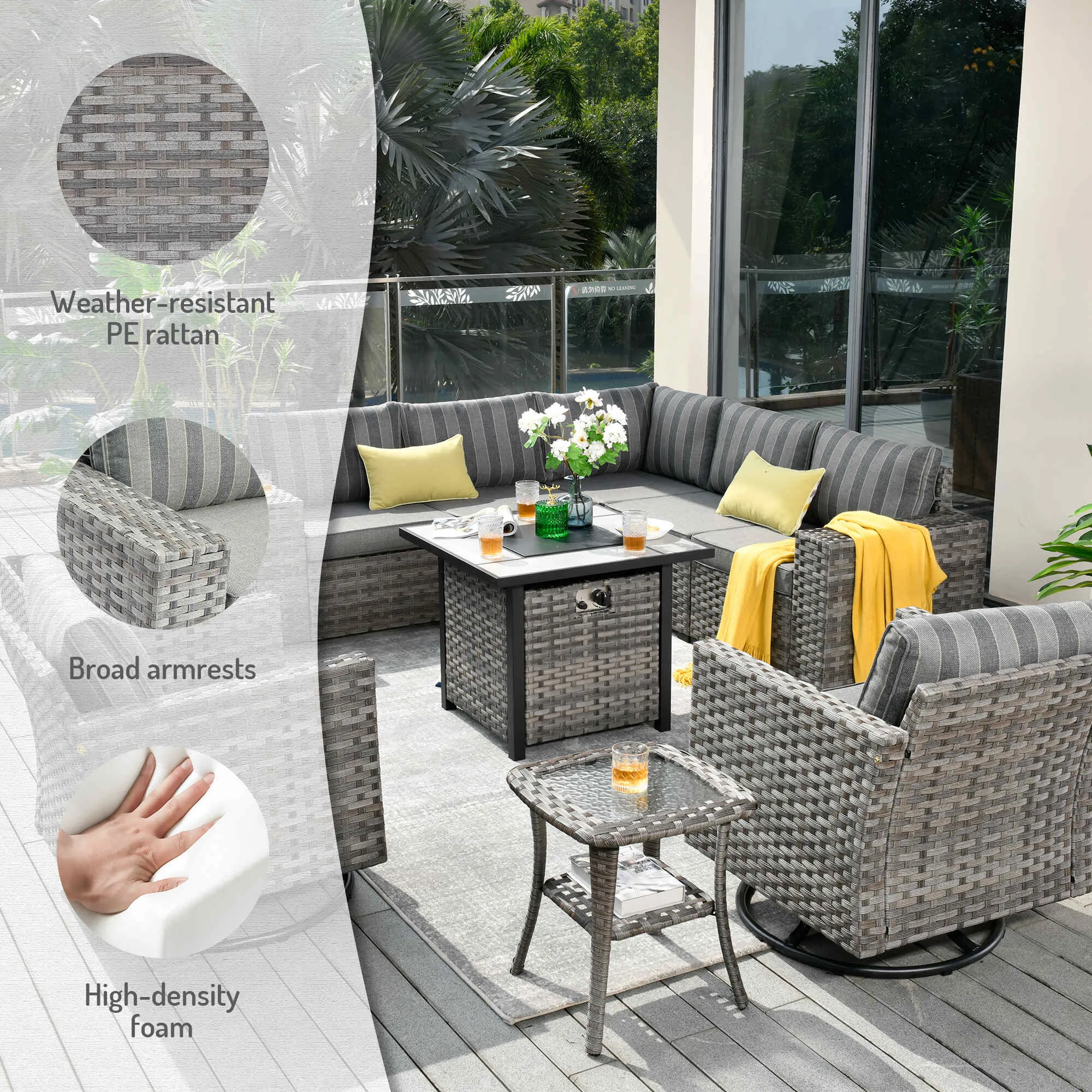 Ovios 10 Pieces Patio Furniture with 7.68'' Handrails and 30'' Fire Pit Table Rocking Chair