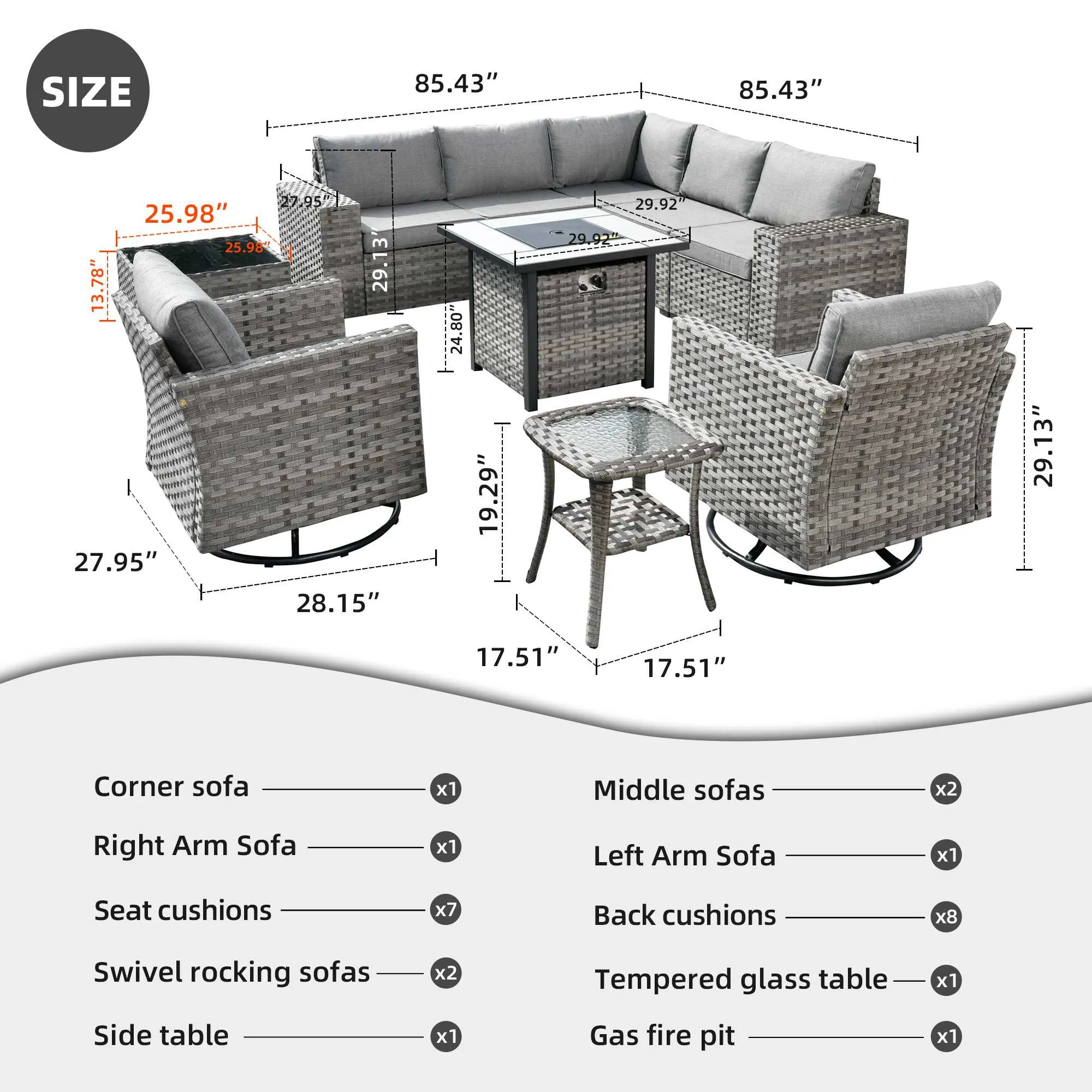 Ovios 10 Pieces Patio Furniture with 7.68'' Handrails and 30'' Fire Pit Table Rocking Chair